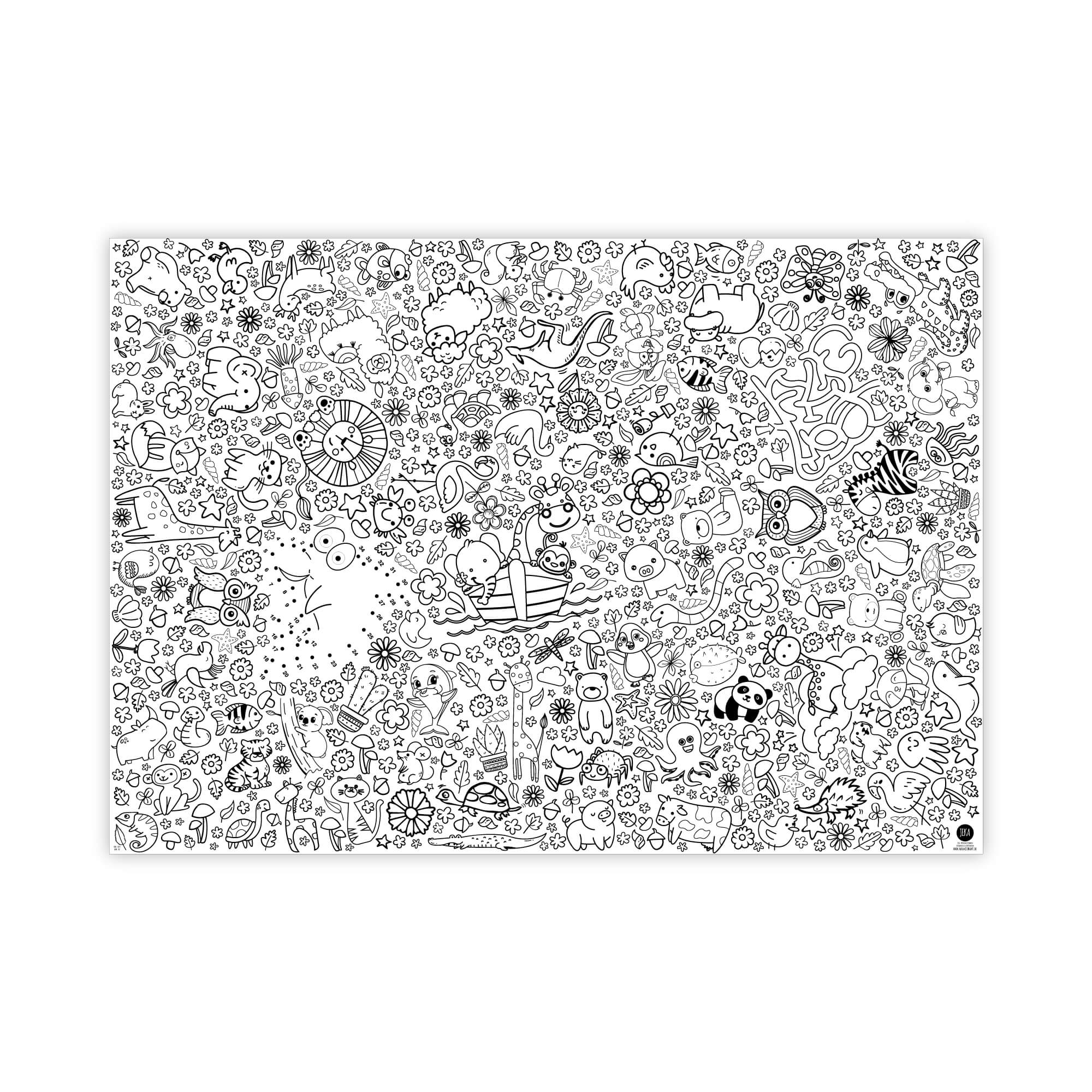 Eine detaillierte schwarzweiĂe Doodle-Illustration voller verschiedener sĂŒĂer Figuren, Tiere, Einhörner, Naturelemente, Lebensmittel und skurriler Objekte. Das komplizierte Design bedeckt die gesamte Leinwand wie eine Ausmal-Tischdecke aus Papier Motiv Zoo von malmichbunt und schafft eine verspielte und chaotische Szene.