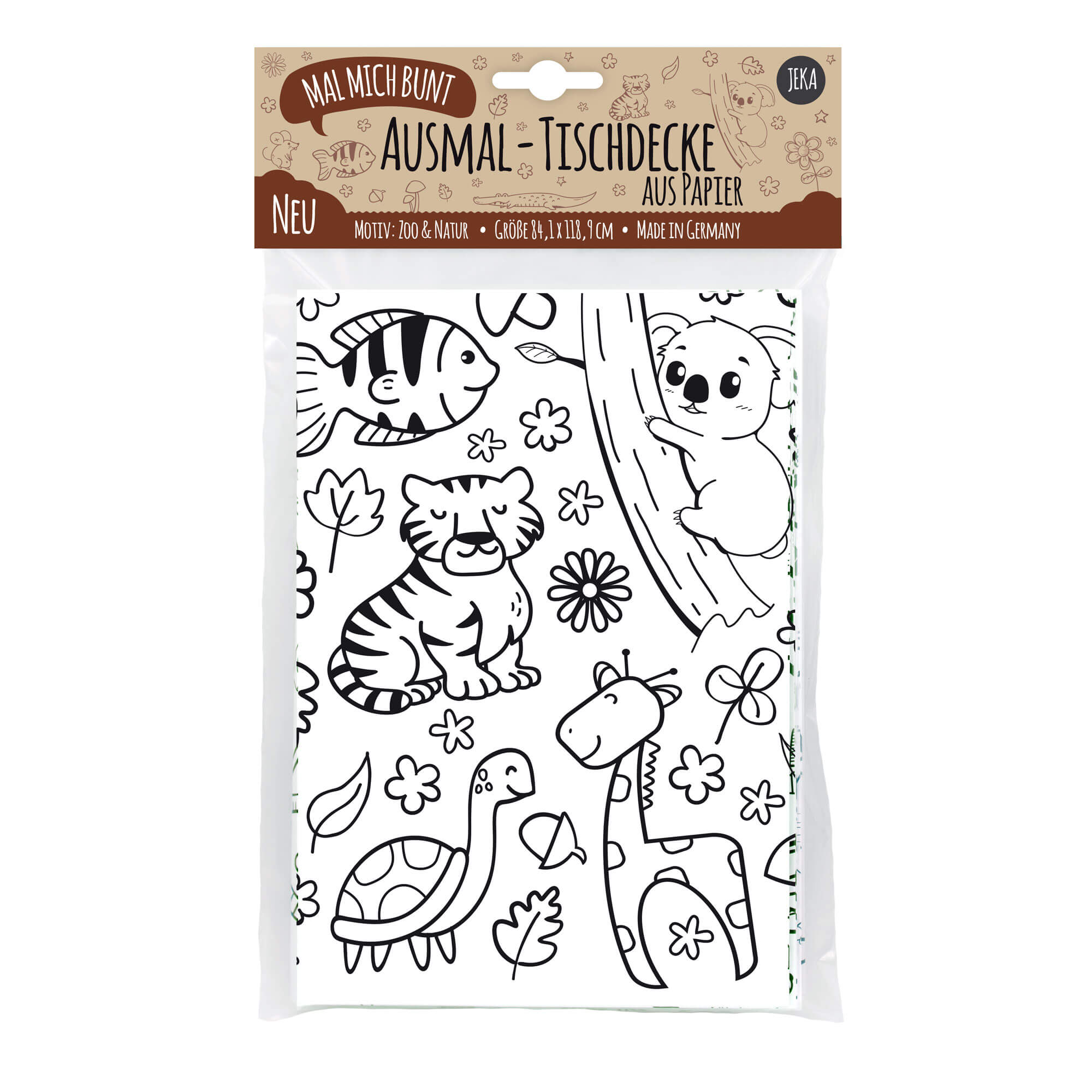 Bild einer Verpackung âMalmichbunt â Ausmal-Tischdecke aus Papier Motiv Zooâ. Auf der Verpackung ist eine Illustration mit verschiedenen Tieren (Fisch, Tiger, Koala, Schildkröte, Giraffe) zu sehen sowie der Aufschrift âMal Mich Buntâ und âAusmal-Tischdecke aus Papierâ. Dieses Produkt von Malmichbunt fördert eine nachhaltige Forstwirtschaft.