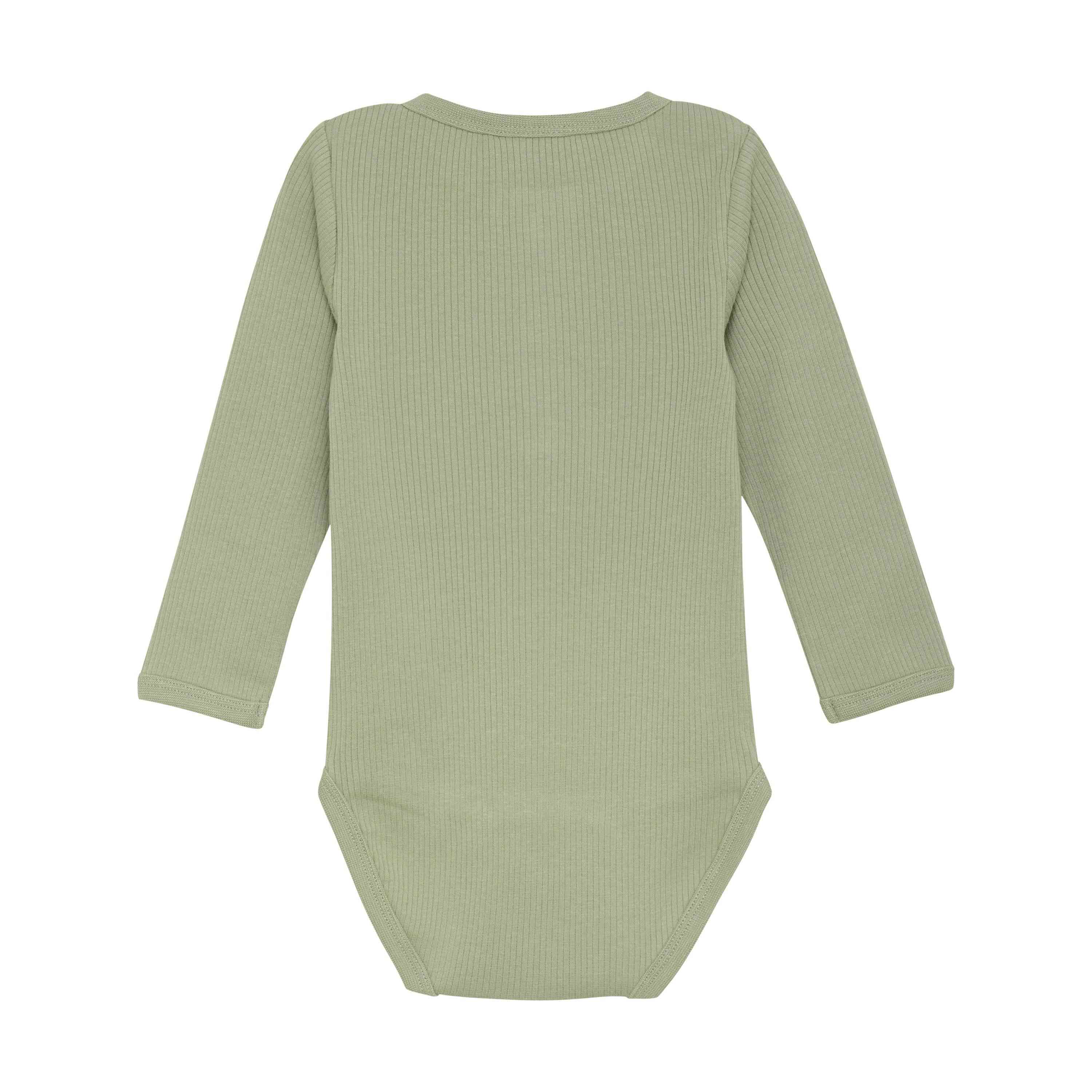 Ein mintgrüner Langarm-Body für Babys aus Rippstoff. Der Minymo - Body langarm aus Ripp von Minymo hat einen Rundhalsausschnitt und Druckknöpfe an der Unterseite zum einfachen Windelwechseln.
