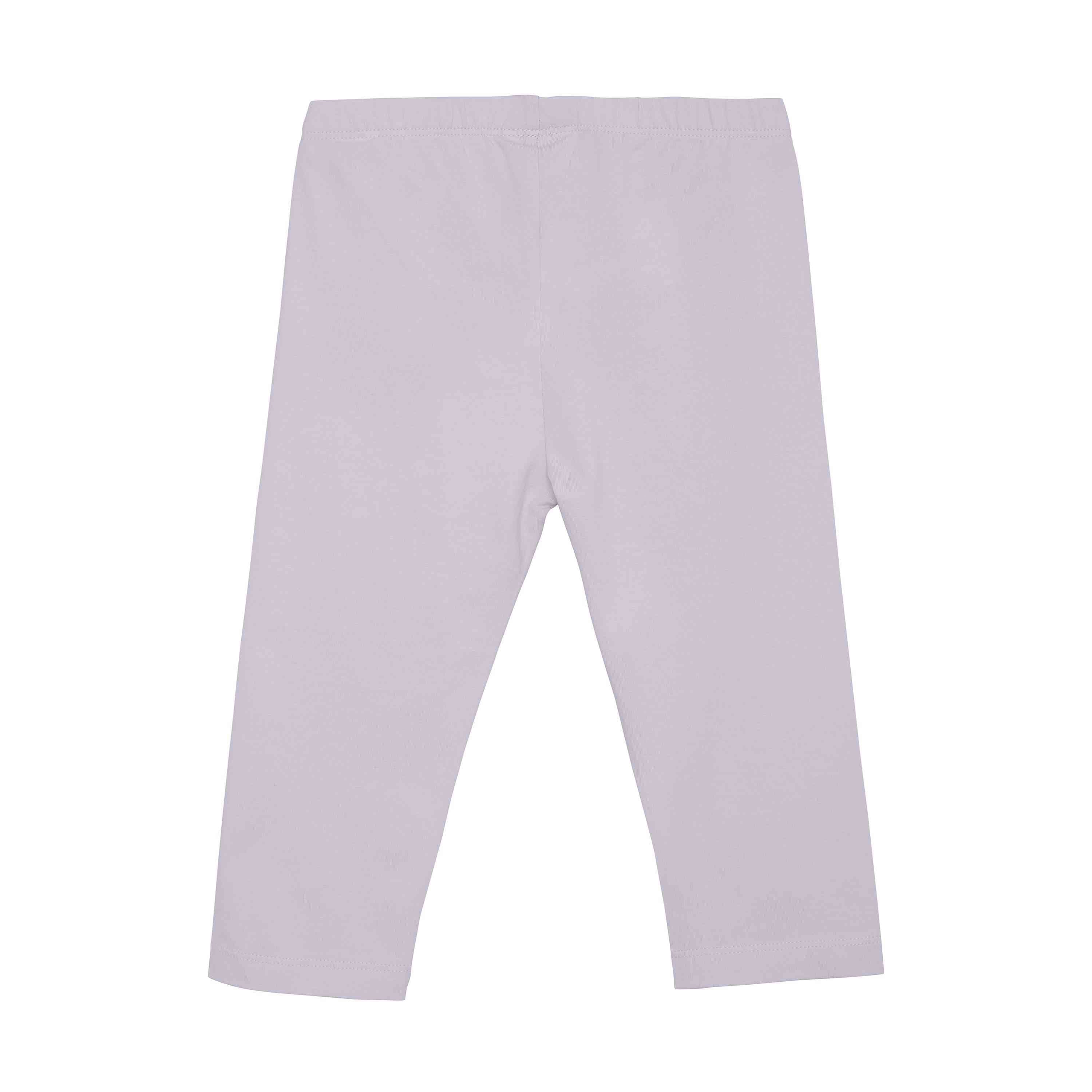 Vor einem schlichten weißen Hintergrund ist eine helllilafarbene Kinderleggings der Marke Minymo von hinten abgebildet. Die Minymo - Leggings 3/4 mit elastischem Bund und langen Beinen entspricht genau dieser Beschreibung.