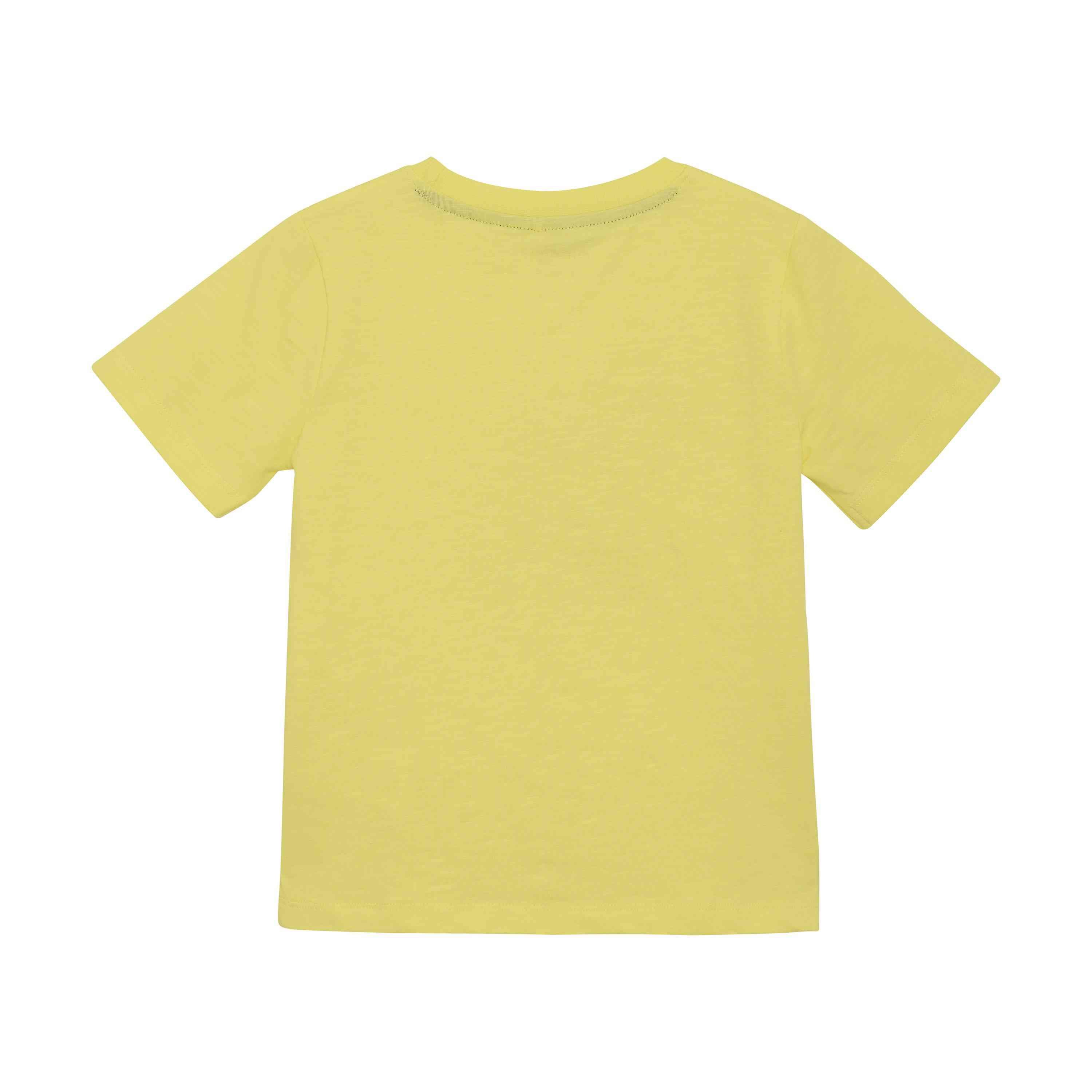 Hier ist ein schlichtes, kurzärmliges, gelbes T-Shirt von hinten zu sehen. Der Stoff wirkt weich und geschmeidig und hat ein schlichtes, minimalistisches Design ohne sichtbare Logos oder Muster. Das Shirt ist beim kinderartikelgeschäft in Birmensdorf erhältlich und entspricht den GOTS-Standards für Biotextilien. Dies ist das Minymo - T-Shirt von Minymo.