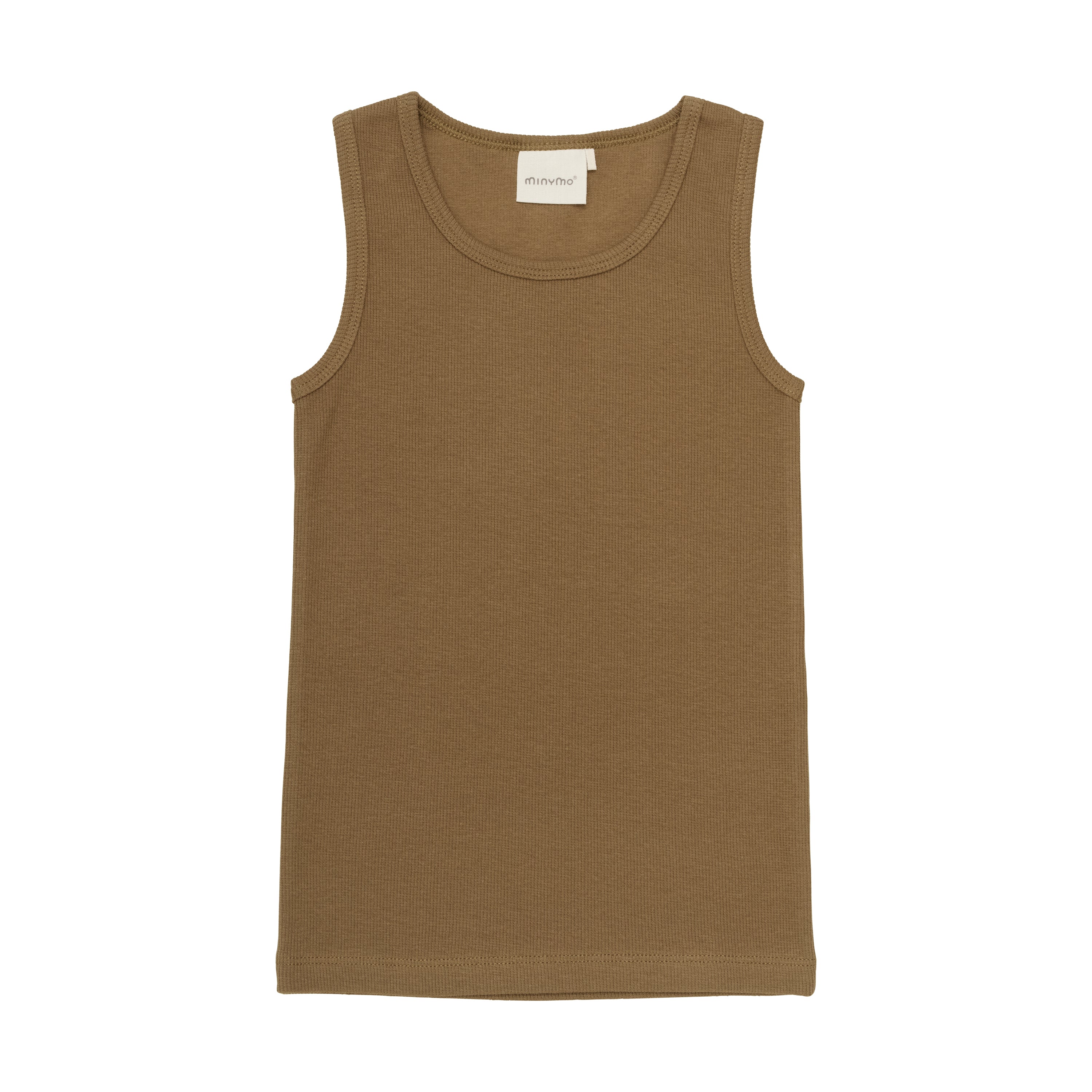 Die Minymo - Unterwäsche von Minymo ist ein braunes, ärmelloses Tanktop aus einer weichen Baumwollmischung, die schön flach liegt. Dieses Top hat einen runden Ausschnitt und ein schlichtes Design ohne sichtbare Muster oder Logos, sodass es vielseitig unter verschiedenen Outfits getragen werden kann.