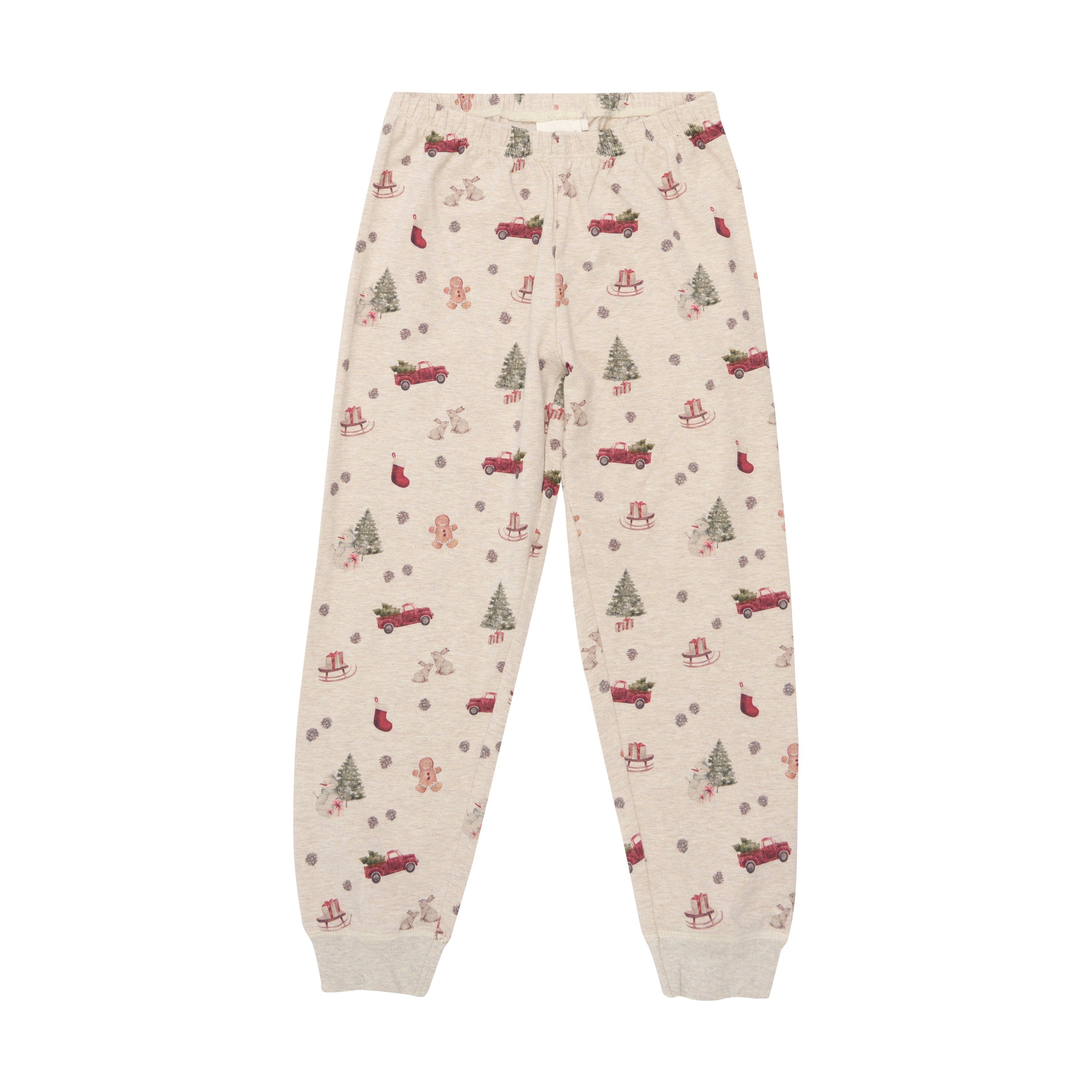 Minymo – Pyjamas von Minymo bestehen aus hellen Pyjamahosen, die mit festlichem Weihnachtsdruck verziert sind, darunter Weihnachtsbäume, rote Autos mit immergrünen Bäumen, Lebkuchenmänner, Strümpfe und Schneeflocken. Die Hosen sind mit einem elastischen Bund und Bündchen an den Knöcheln versehen.