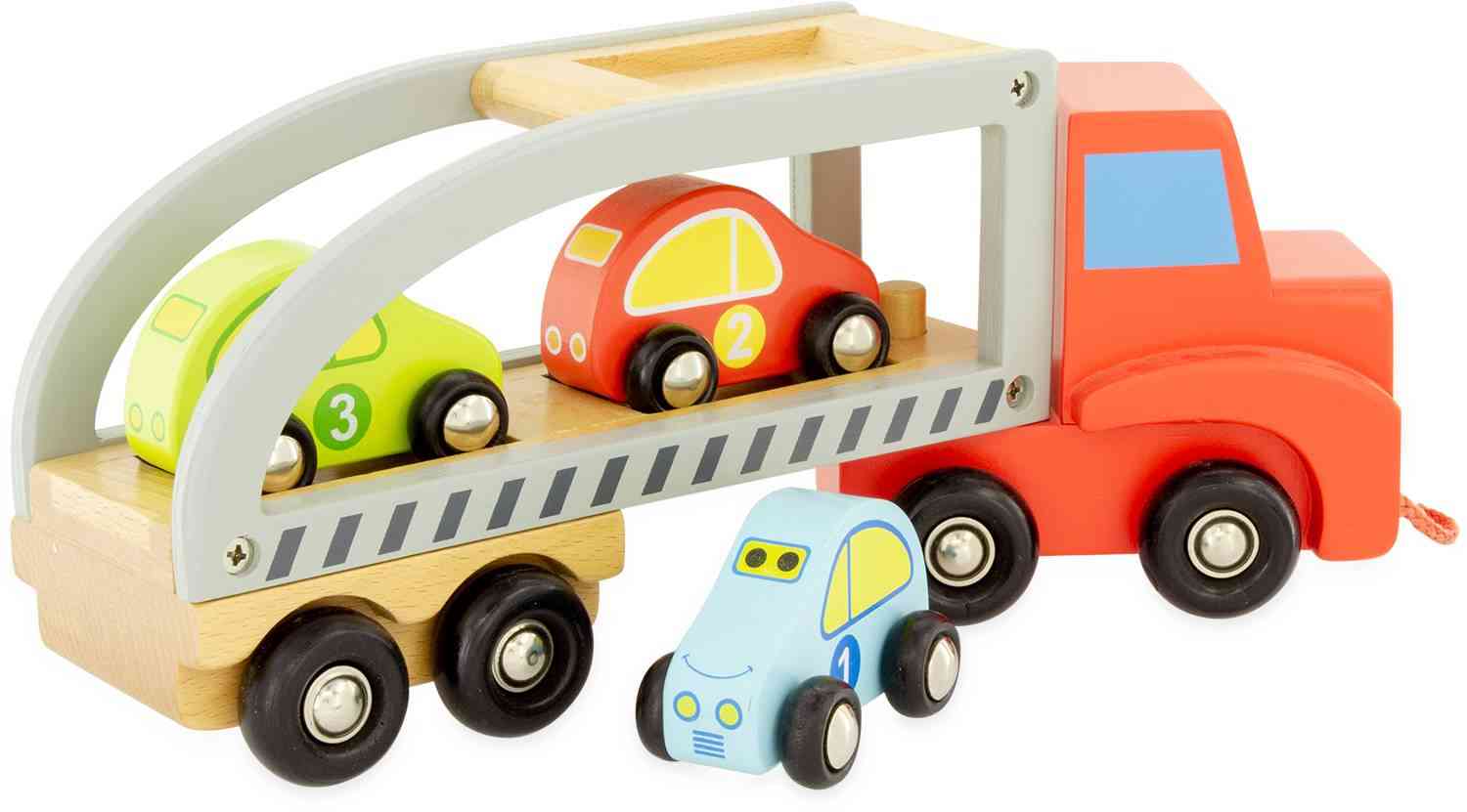 Ein Ulysse Couleurs d'Enfance - Autotransporter LKW mit roter Kabine und grauem Anhänger, das beste Spielzeug für 4-Jährige. Der Anhänger fasst zwei kleinere Holzautos: ein grünes Auto mit der Nummer 3 und ein gelbes Auto mit der Nummer 2. Ein weiteres blaues Auto mit der Nummer 1 steht vor dem LKW.