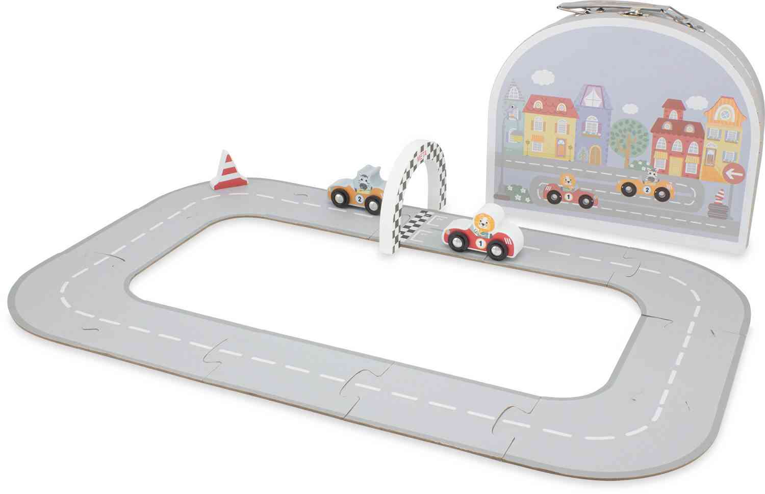 Ulysse Couleurs d'Enfance - Autokoffer: Das Rennen mit einer grauen Rennstrecke, drei kleinen Rennautos, einem Verkehrskegel und einem karierten Zielbogen. Im Hintergrund befindet sich ein tragbarer Tragekoffer, der mit einer Cartoon-Stadtszene mit bunten Häusern und Bäumen verziert ist. Ideal als pädagogisches Spielzeug ab 2 von Ulysse Couleurs d'Enfance.