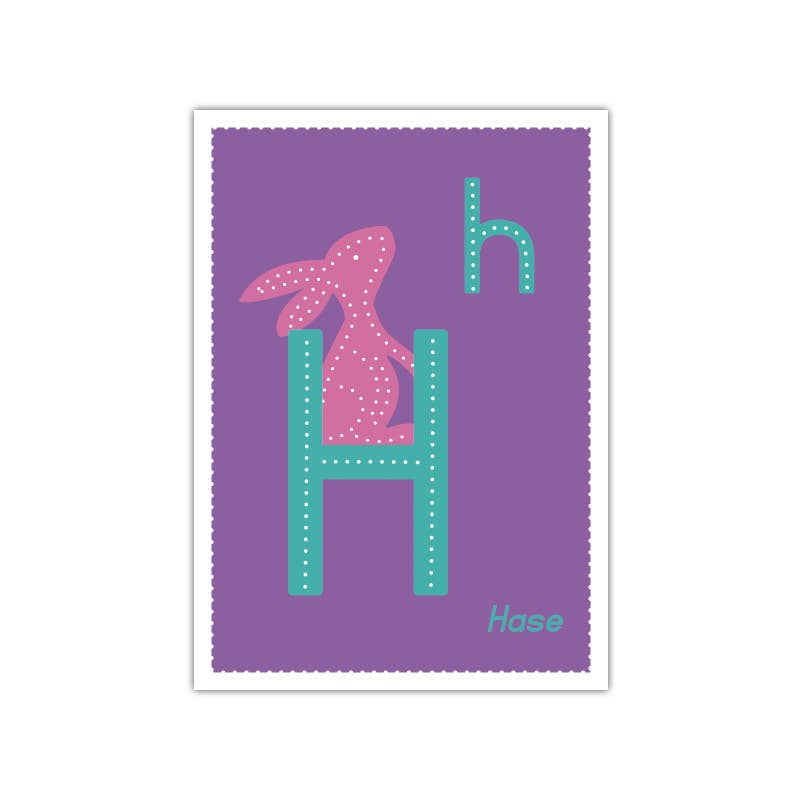 Abbildung des Buchstabens „H“ mit einer rosa gepunkteten Hasensilhouette, die in das Design eingearbeitet ist, Teil der Familienmomente – Bastelset Prickel-Buchstaben-Serie von Familienmomente. Der Buchstabe „H“ wird sowohl in Groß- als auch in Kleinbuchstaben auf einem violetten Hintergrund angezeigt, mit dem Wort „Hase“ unten rechts.