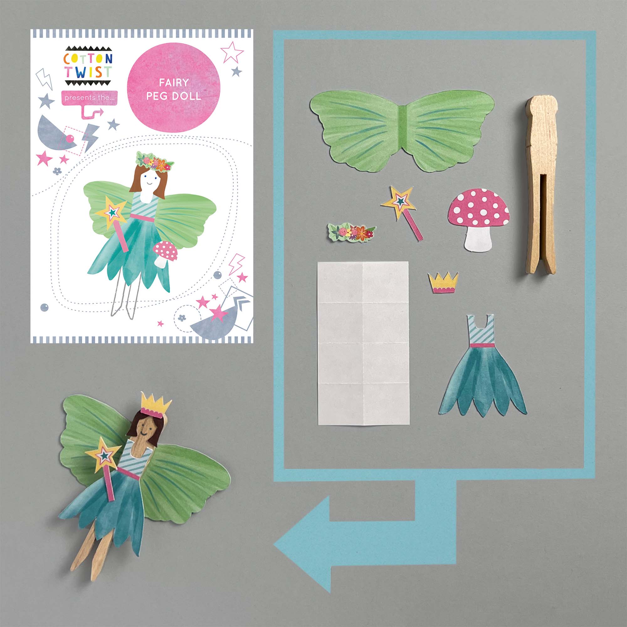 Das Bild zeigt ein Bastelset „Cotton Twist – DIY Fairy Pog-Puppe“ von Cotton Twist. Das Kinder-Produkt enthält eine Steckpuppe, grüne Feenflügel, ein Kleid, eine Krone, einen Zauberstab und verschiedene dekorative Aufkleber. In der unteren linken Ecke ist eine zusammengebaute Feenpuppe abgebildet, die aus umweltfreundlichen Materialien hergestellt wurde, um die Feinmotorik zu fördern.