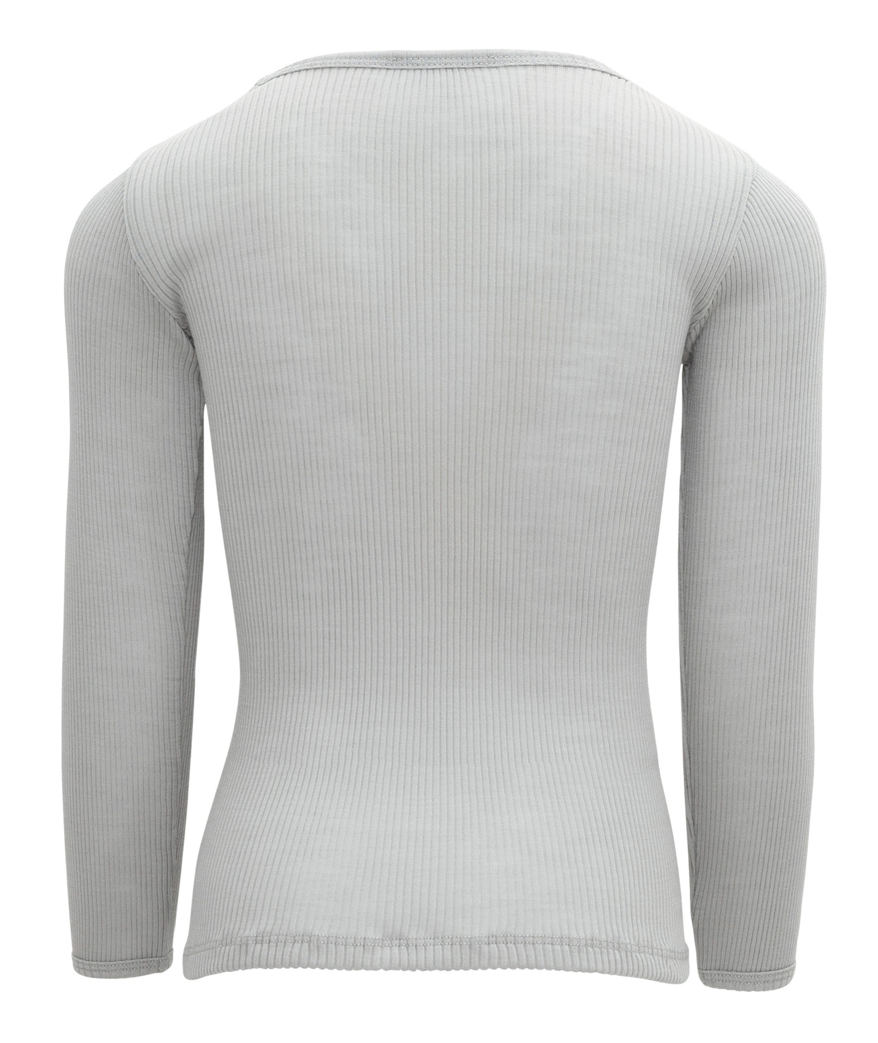 Ein hellgraues, langärmeliges, geripptes Langarmshirt von Minimalisma von hinten. Dieses Oberteil aus Merinowolle wirkt weich und dehnbar und weist durchgehend eine feine vertikale Rippstruktur auf. Es hat ein schlichtes Design mit rundem Ausschnitt und taillierter Silhouette, was es ideal als Wärmeschicht bei kühlerem Wetter macht.