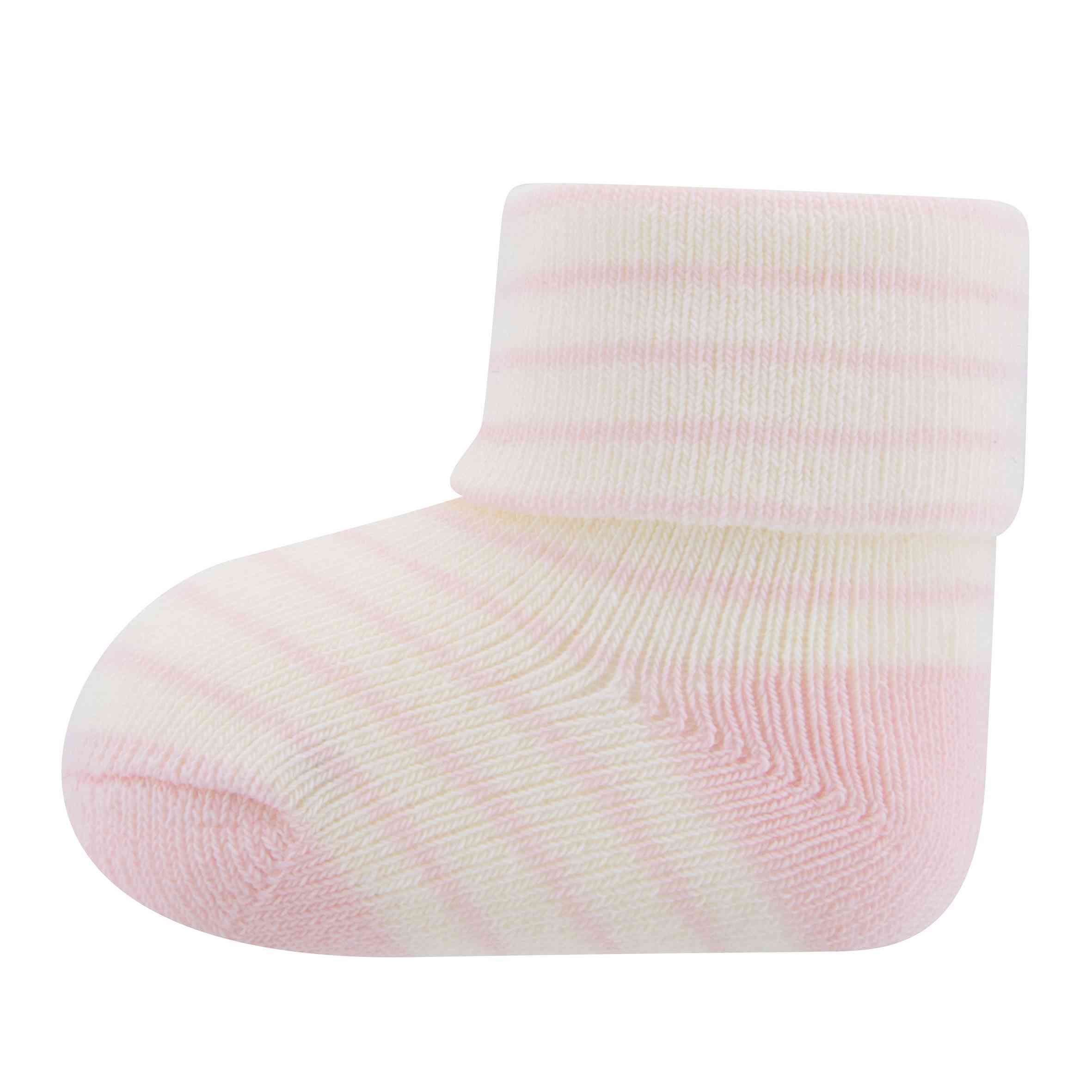 Eine einzelne pastellrosa und weiß gestreifte Babysocke mit gerolltem Bund. Das Ewers - Babysocken 3er Pack GOTS von Ewers ist so positioniert, dass die Seitenansicht zu sehen ist, wodurch seine weiche, gestrickte Textur und sein hübsches Design hervorgehoben werden.