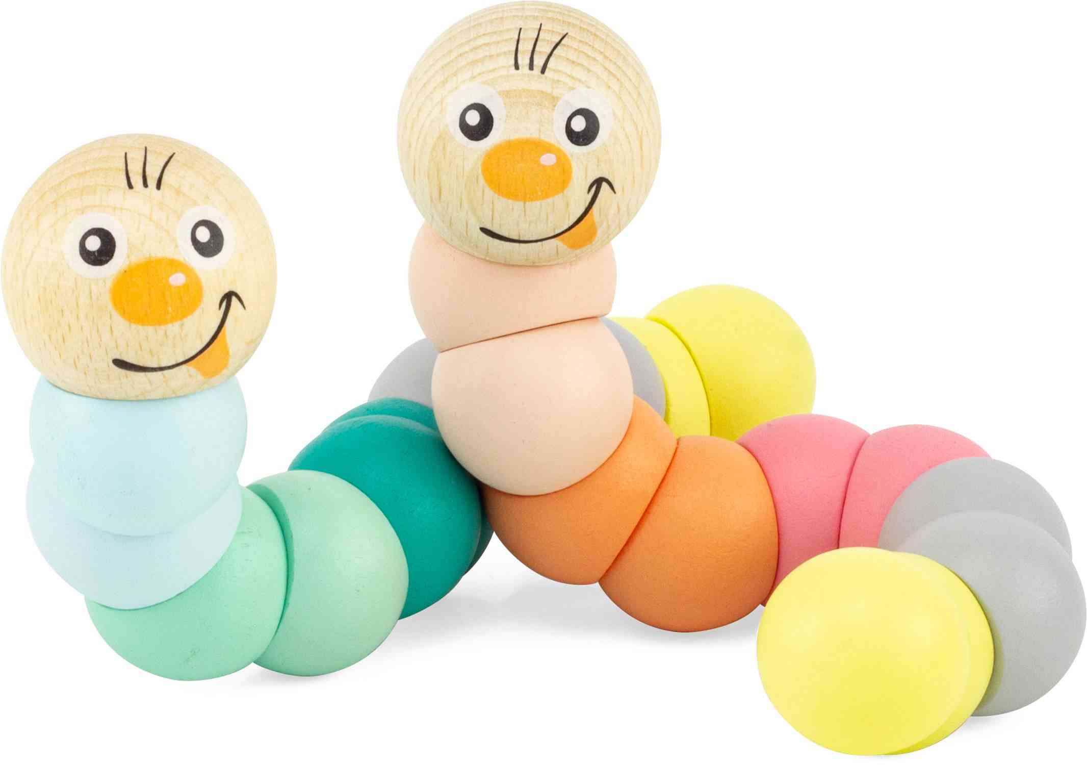 Zwei Ulysse Couleurs d'Enfance - Raupen in pastellfarbenen Spielzeugen mit lächelnden Gesichtern. Eine Raupe ist in Blau- und Grüntönen gehalten, während die andere in Rosa- und Gelbtönen gehalten ist. Jede Raupe hat segmentierte, zylindrische Körperteile, die es ihnen ermöglichen, sich zu winden und beweglich zu sein.