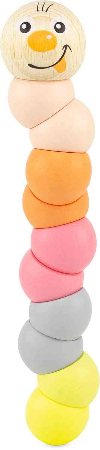 Ein hölzernes Spielzeug von Ulysse Couleurs d'Enfance – Raupen in Pastellfarben mit einem lächelnden Gesicht auf einem hellbraunen Kopf. Der Körper besteht aus Segmenten in verschiedenen Pastellfarben, darunter Pfirsich, Orange, Rosa, Grau und Gelb. Das Design ist skurril und verspielt.