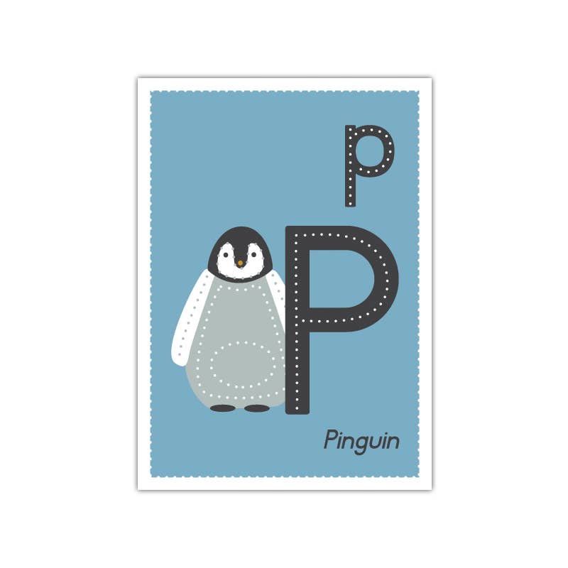 Das Familienmomente - Bastelset Prickel-Buchstaben zeigt eine Illustration eines süßen Pinguinkükens mit dem Groß- und Kleinbuchstaben „P“ auf blauem Hintergrund. Das Wort „Pinguin“ steht in der unteren rechten Ecke. Dieses Familienmomente-Produkt enthält ein großes, gepunktetes Groß-„P“ und ein kleineres, durchgezogenes Klein-„p“ und ist somit perfekt für Lern- und Bastelspaß.