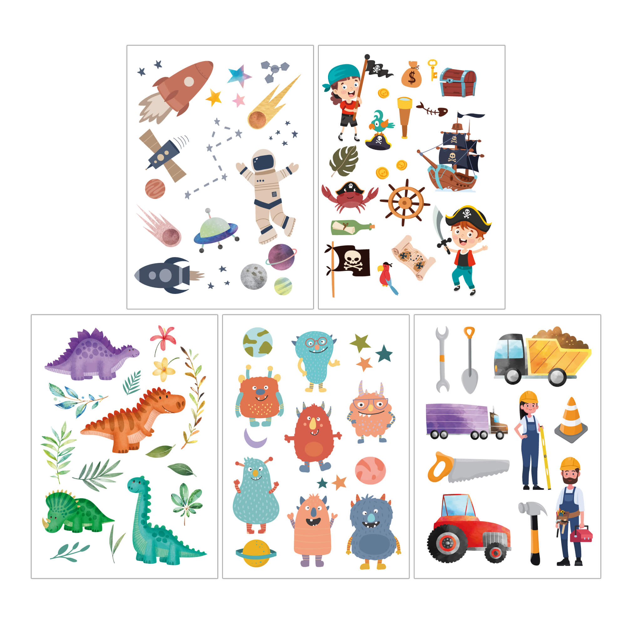 Fünf farbenfrohe Stickerbögen zeigen Illustrationen zum Thema Weltraum mit Raketen und Astronauten, Piratenmotive mit Schiffen und Schätzen, verschiedene Dinosaurier, süße Monsterfiguren und Bauaufkleber mit Fahrzeugen und Werkzeugen. Perfekt für jedes Kinderartikelgeschäft, das einzigartige malmichbunt - Kindertattoos: Entdecker von malmichbunt sucht.