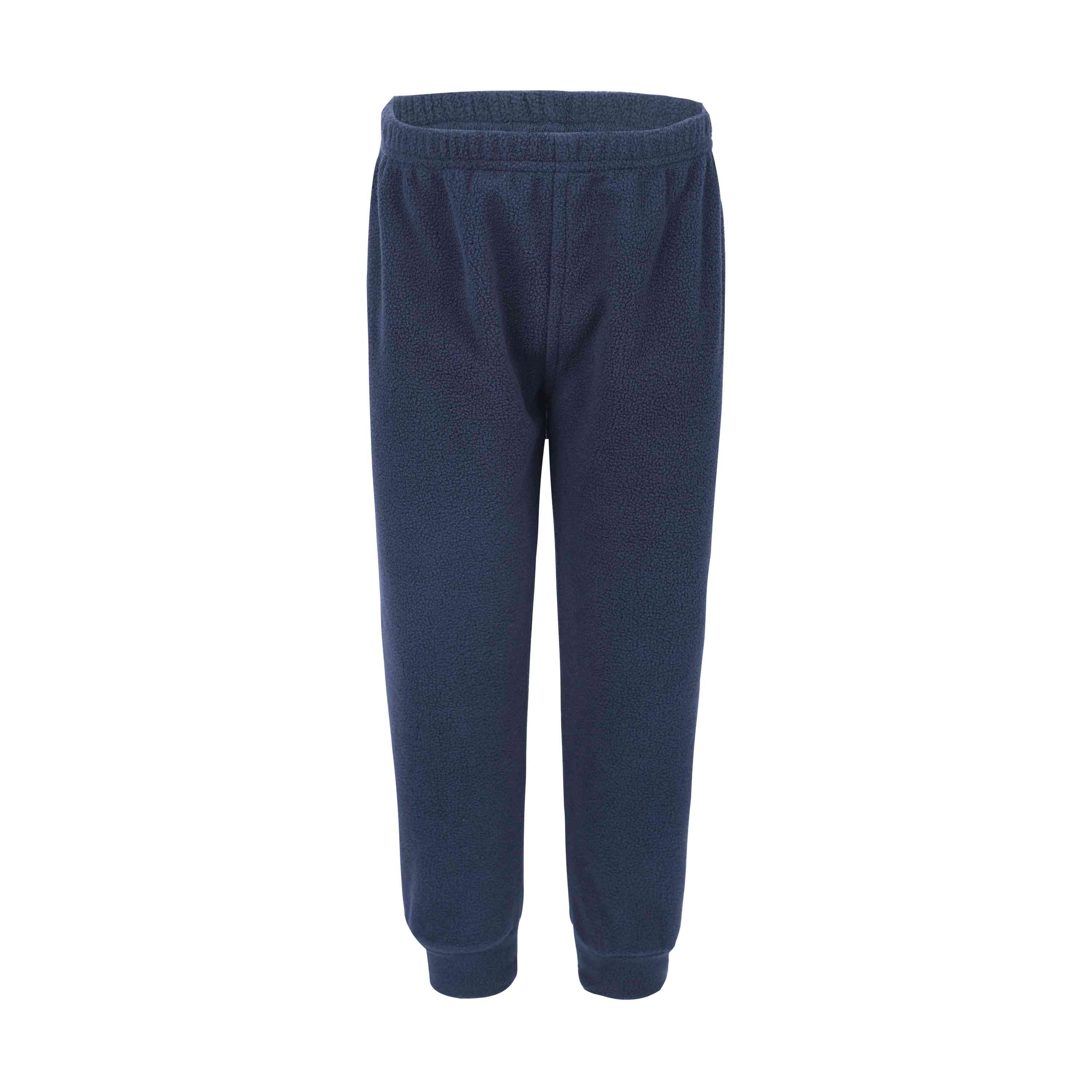 Die CeLaVi - Fleecehose ist eine blaue, weiche Fleecehose für Kinder aus recyceltem Material. Sie verfügt über einen elastischen Bund und Bündchen und ist vor einem weißen Hintergrund fotografiert, aufrecht stehend, um die Vorderansicht zu präsentieren.