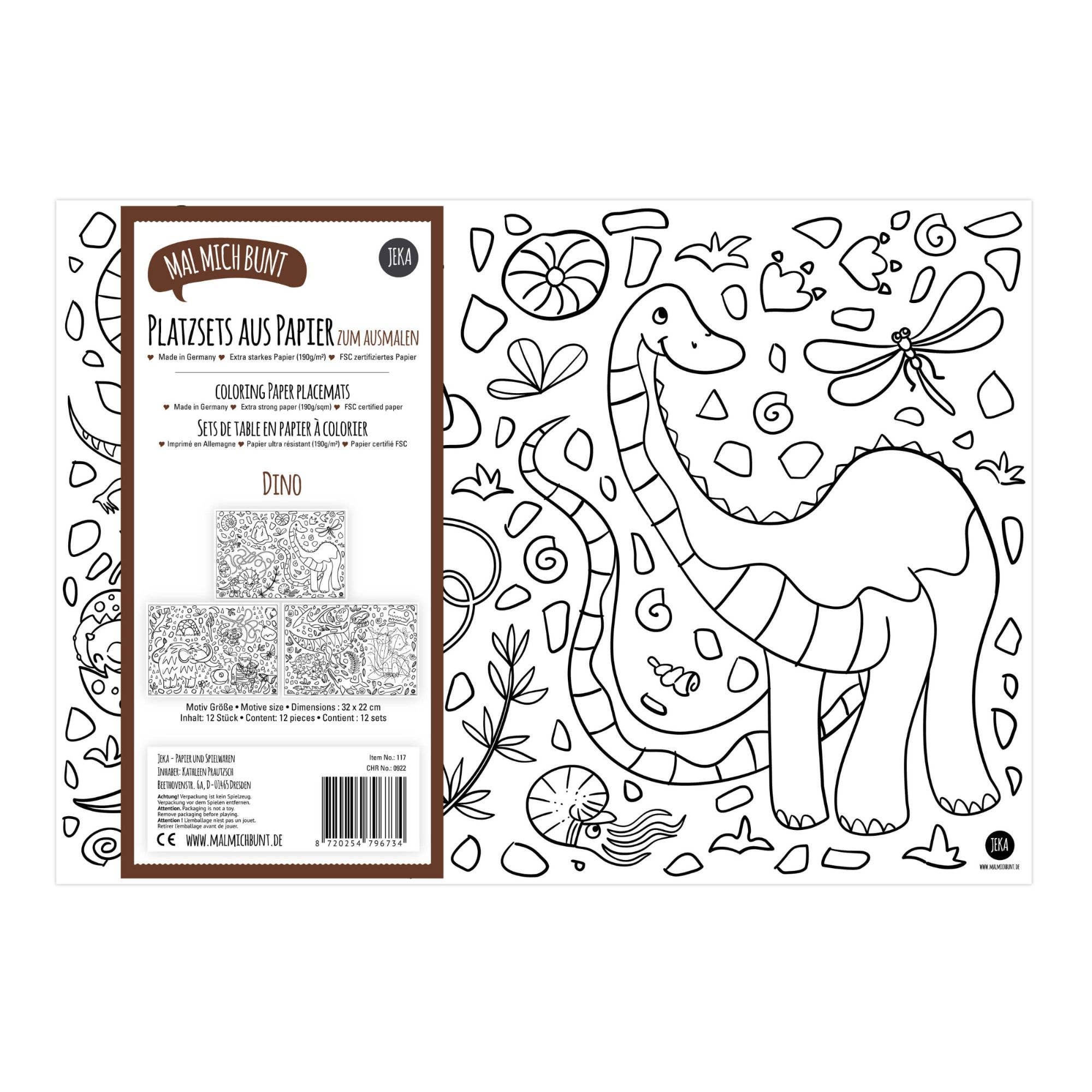 12 Platzsets zum Ausmalen Motiv Dino