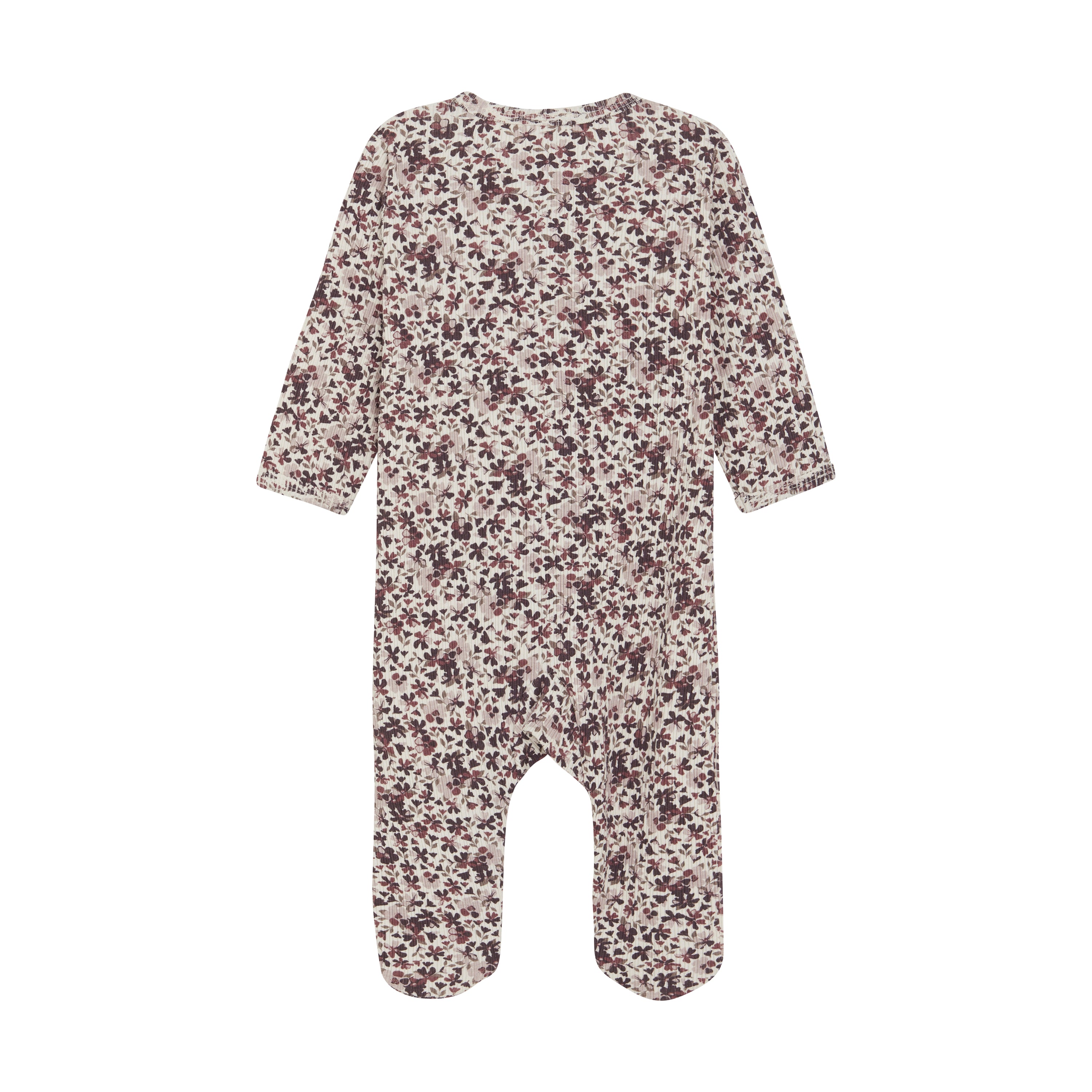 Dieser gemütliche Fixoni-Pyjama ist ein Baby-Strampler mit langen Ärmeln und bedeckten Füßen. Der Allover-Druck zeigt kleine rosa, kastanienbraune und grüne Blumen auf einem cremefarbenen Hintergrund. Der Strampler wird flach hingelegt und von hinten fotografiert.