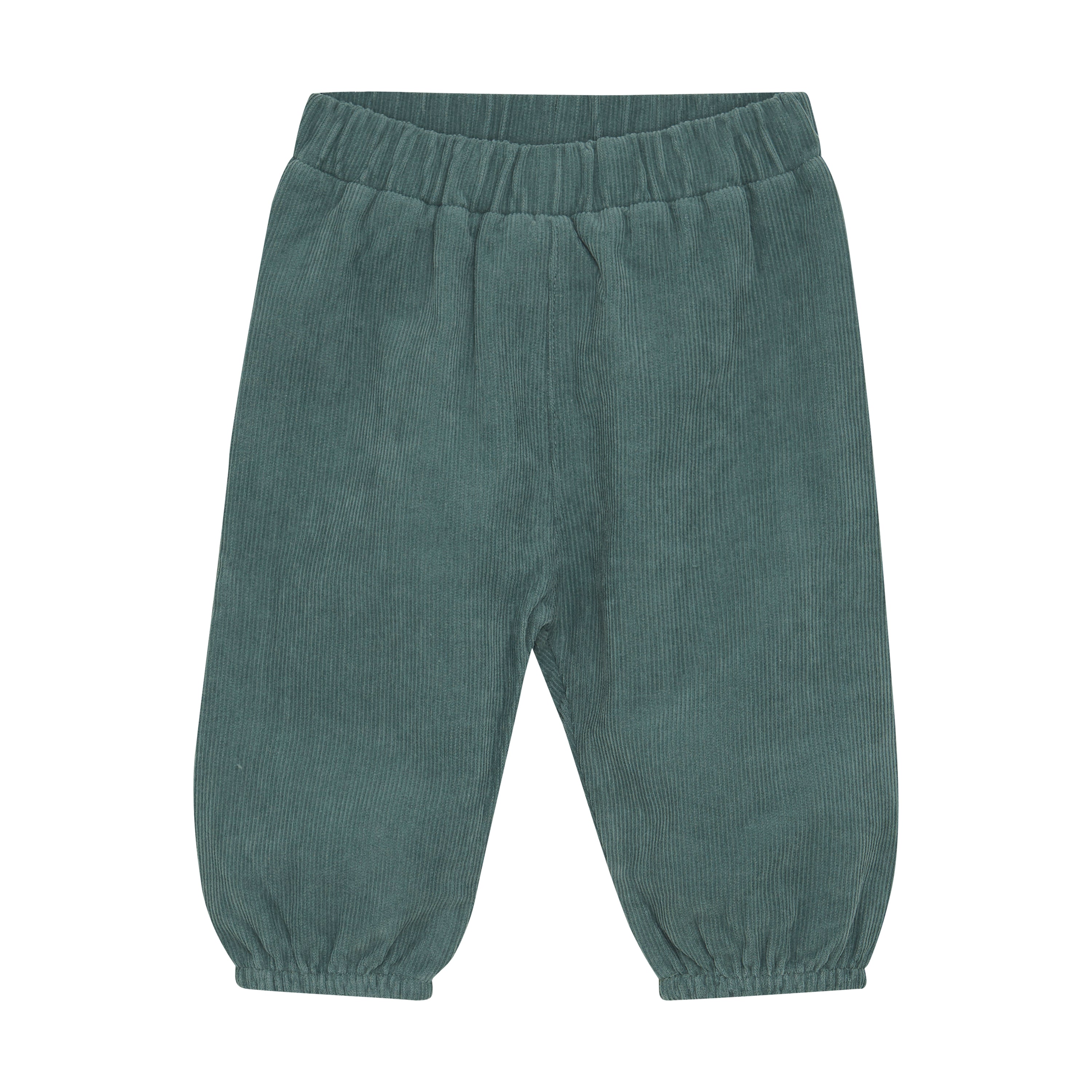 Das Bild zeigt ein Paar dunkelgrüne Fixoni-Hosen von Fixoni. Diese Babyhose ist mit einem Gummizug in der Taille und elastischen Beinabschlüssen versehen, die für eine bequeme Passform sorgen. Das strukturierte Material unterstreicht den Schlichte-Samthose-Stil vor einem schlichten weißen Hintergrund.