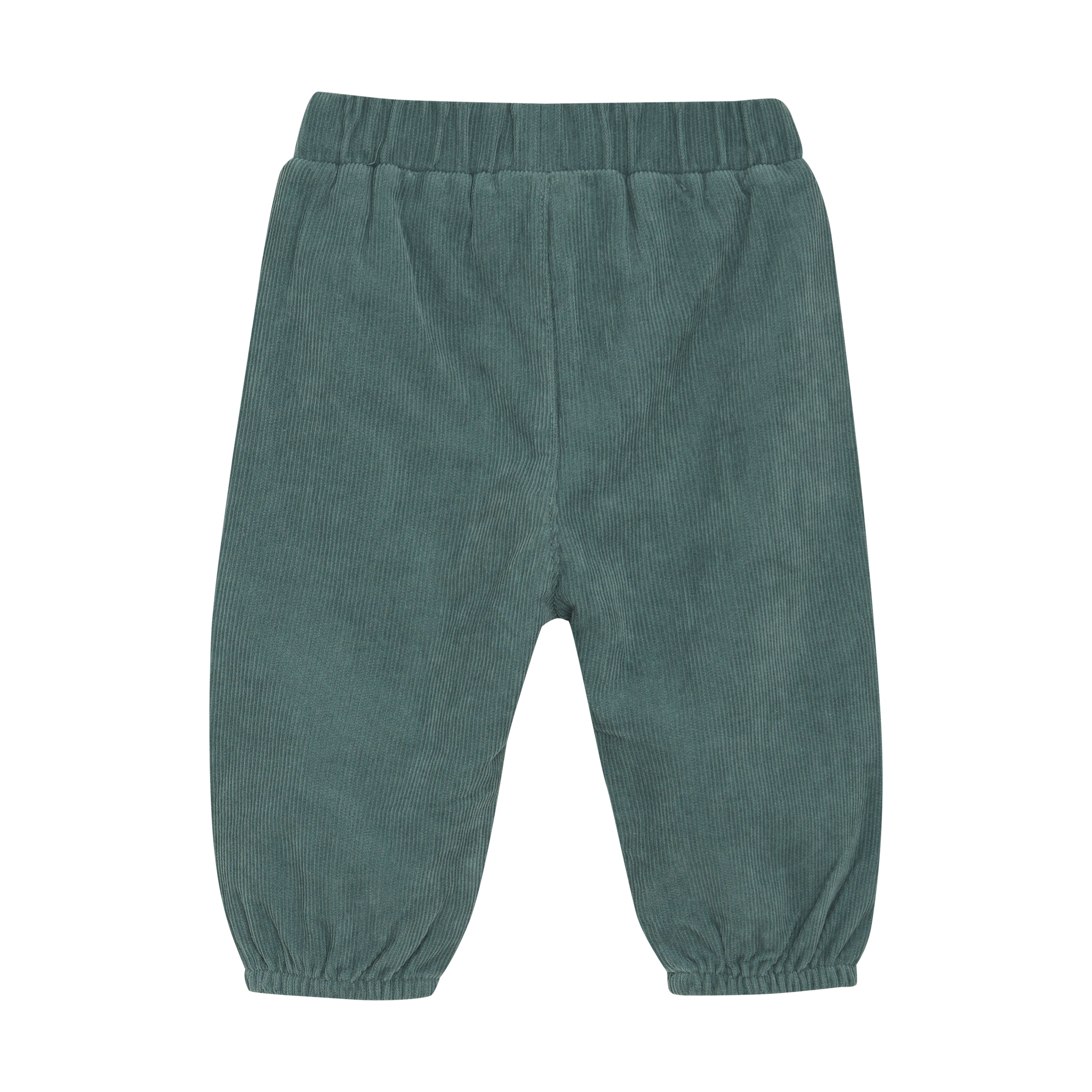 Eine grüne Cordhose für Kinder von Fixoni - Hosen mit elastischem Bund und Bündchen an den Knöcheln, abgebildet vor einem schlichten weißen Hintergrund.
