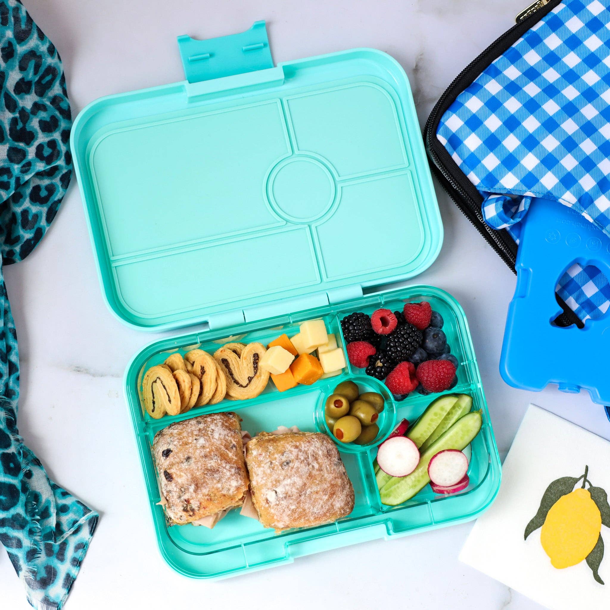 Auslaufsichere Bento-Box Tapas mit 5 Fächern und transparentem Bali Aqua – extra gross