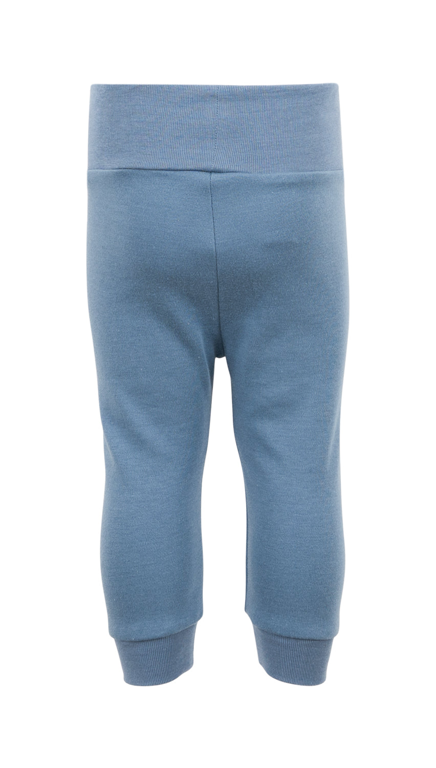 Wir präsentieren die Minimalisma Leggings von Minimalisma – ein Paar hellblaue Babyhosen für maximalen Komfort. Diese Leggings aus Bio-Baumwolle haben einen breiten, dehnbaren Bund und enge Bündchen am unteren Ende. Der Stoff ist weich und sanft zur Haut eines Babys und eignet sich daher ideal für den Alltag. Diese Babyhosen sind elegant auf einem weißen Hintergrund dargestellt.
