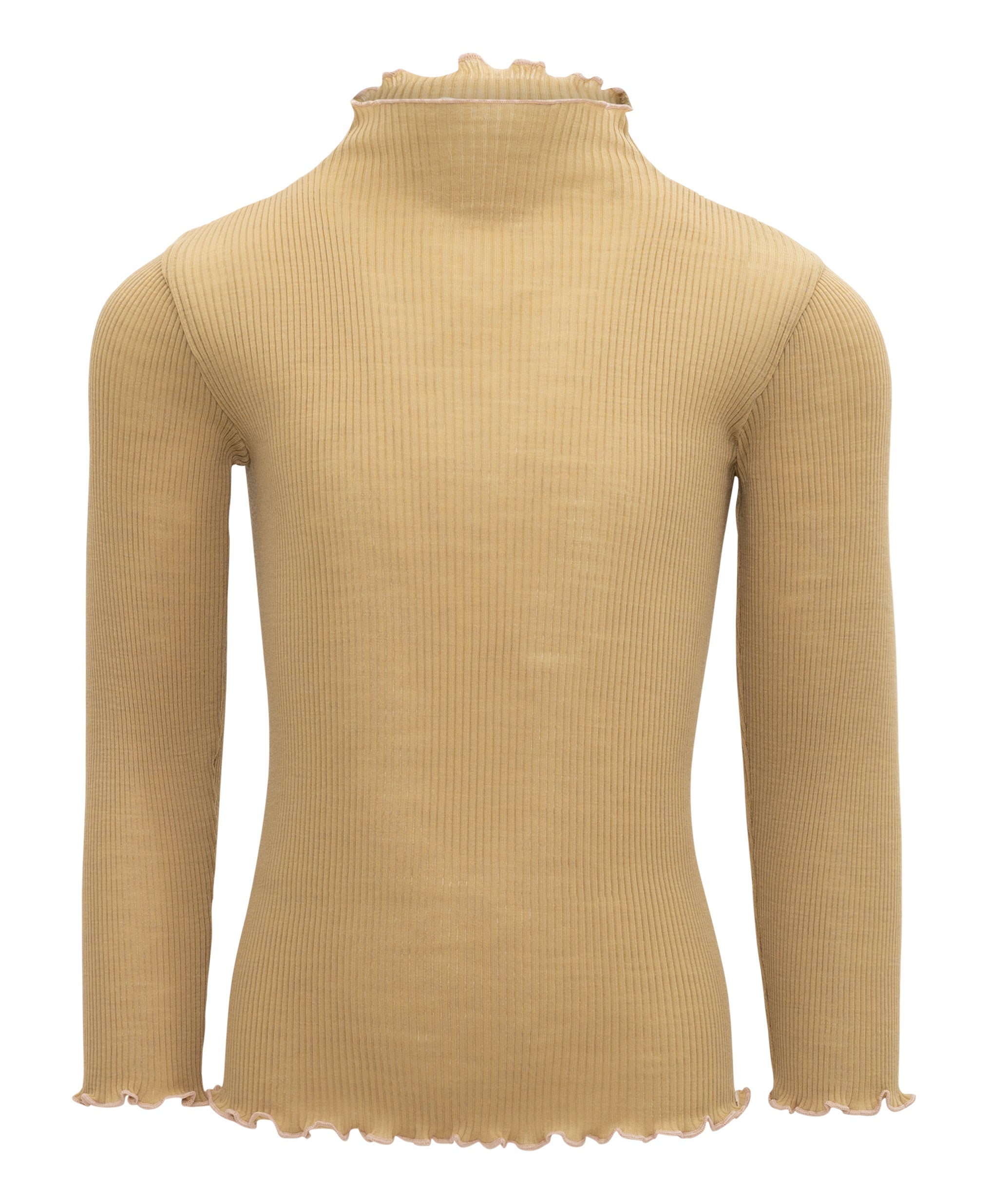 Wir präsentieren das Langarm-Shirt von Minimalisma – eine hellbraune Langarmbluse aus luxuriöser Merinowolle. Dieses elegante Oberteil hat einen hohen, gerüschten Ausschnitt und gerüschte Kanten an Ärmeln und Saum. Mit seiner gerippten Textur eignet sich dieses raffinierte Shirt perfekt als Wärmeschicht für jeden Anlass.