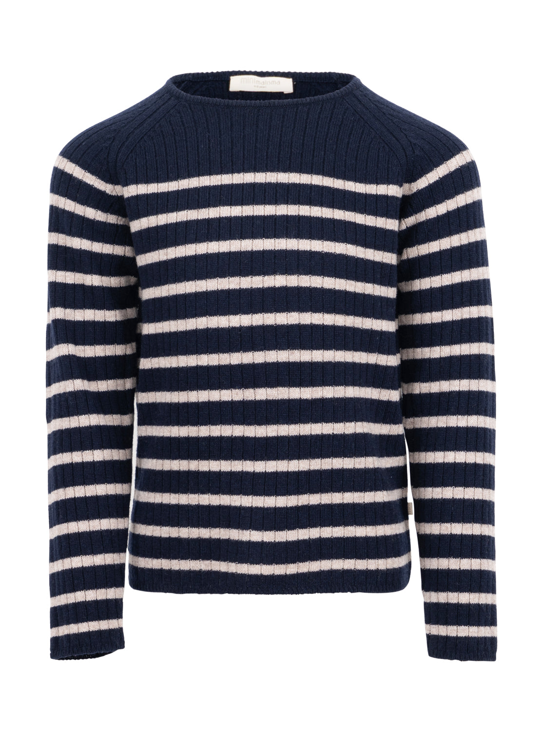 Wir präsentieren das Langarmshirt Minimalisma, eine marineblaue Thermoschicht mit horizontalen weißen Streifen. Dieses Langarmshirt mit gerippter Textur verfügt über einen Rundhalsausschnitt und verbindet nahtlos Wärme und Stil.