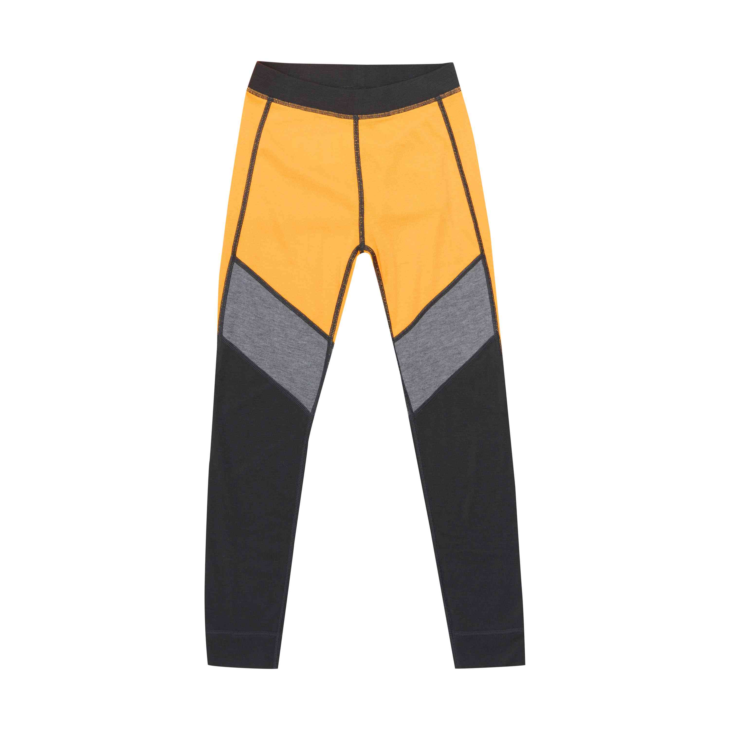 Beschreibung: Die Color Kids - Ski-Unterwäsche - Colorblock Leggings von der Marke Color Kids sind in Gelb, Schwarz und Grau farblich unterteilt. Der Bund und die unteren Beine sind schwarz, während die oberen Beine hauptsächlich gelb mit einem grauen Fleck auf jedem Oberschenkel sind. Die Leggings zeichnen sich durch markante Nahtdetails aus, die für einen stilvollen, sportlichen Look sorgen.