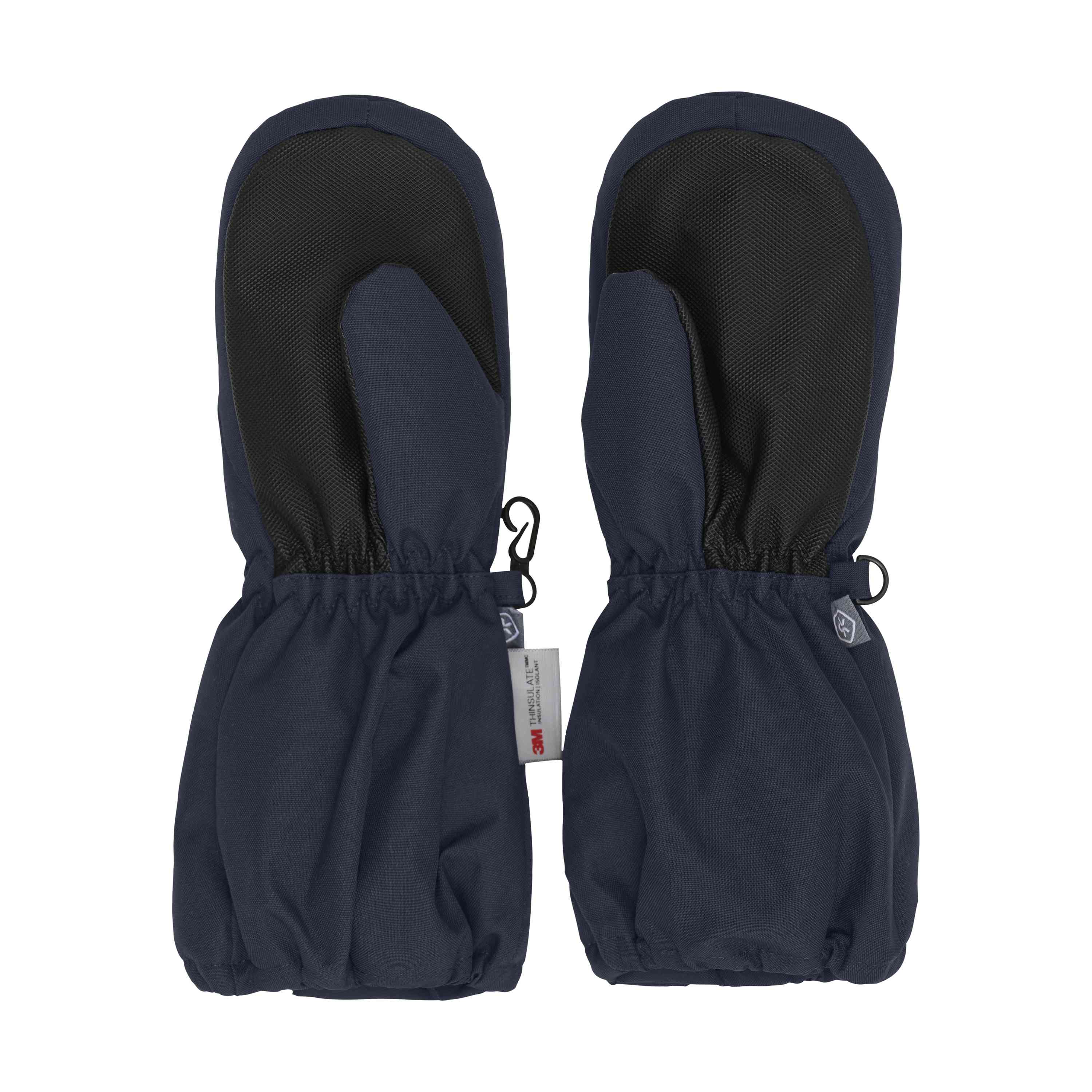 Ein Paar Color Kids - Handschuhe Long W. Zipper-Fäustlinge in Marineblau mit schwarz strukturierten Handflächen, hergestellt aus recyceltem Material. Diese Fäustlinge von Color Kids haben elastische Handgelenkbänder und kleine Schlaufen zum Befestigen an anderer Ausrüstung. An der Seite jedes Fäustlings ist ein weisses Etikett sichtbar.