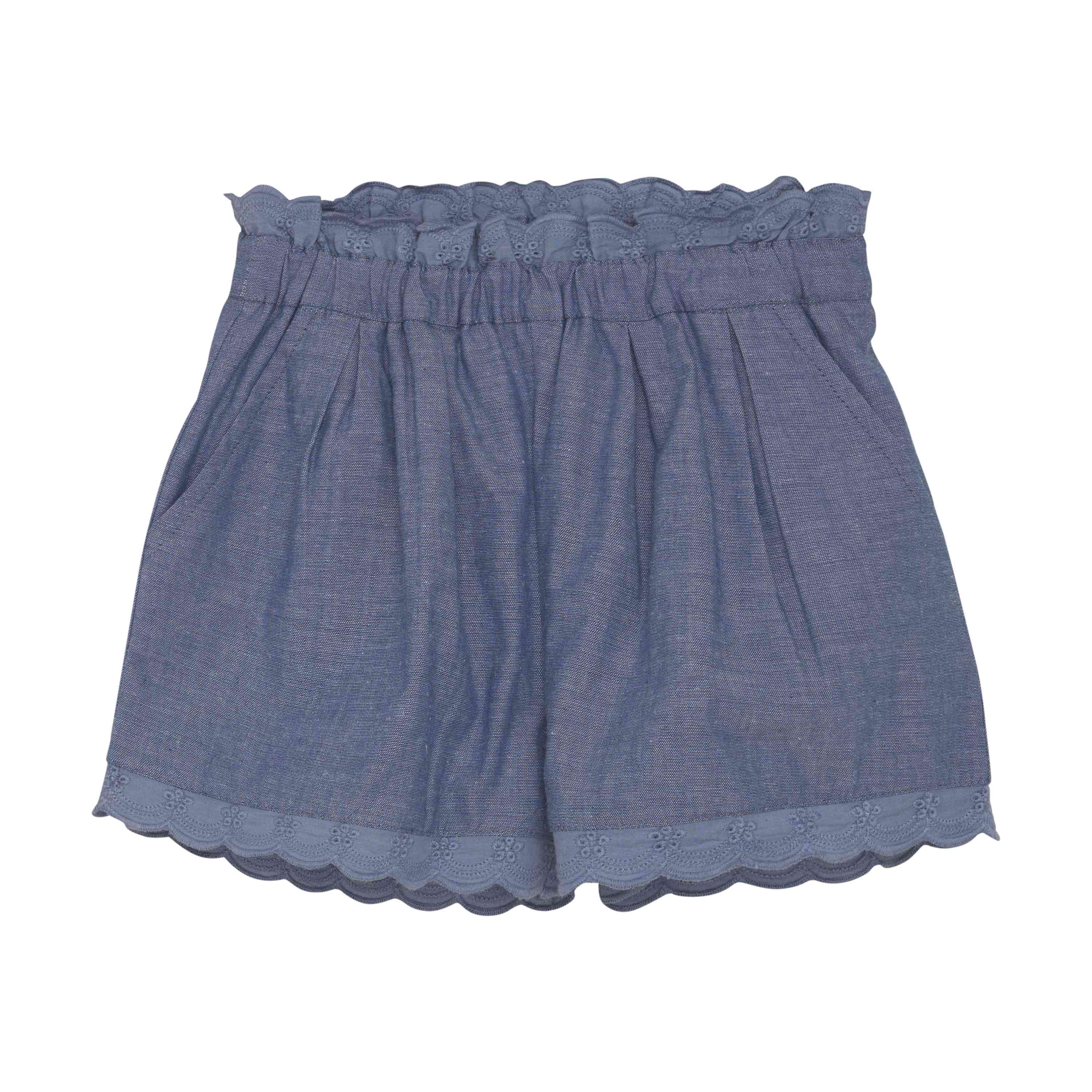 Chambray Baby Shorts – Blau mit Stickerei & Rüschenbund