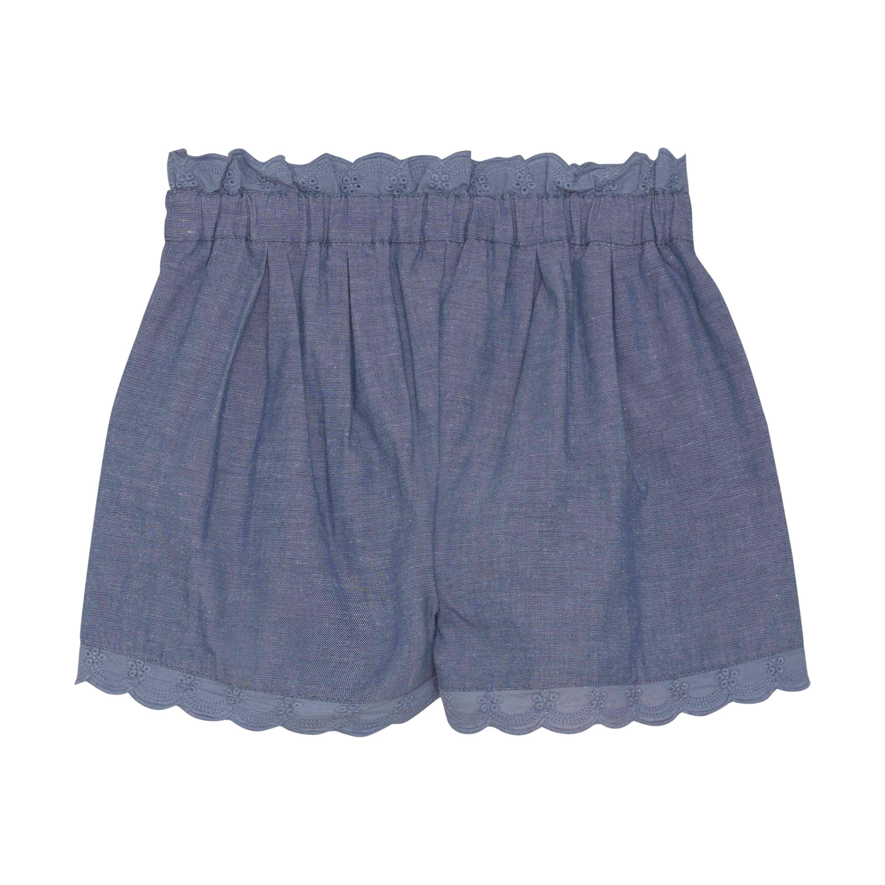 Chambray Baby Shorts – Blau mit Stickerei & Rüschenbund