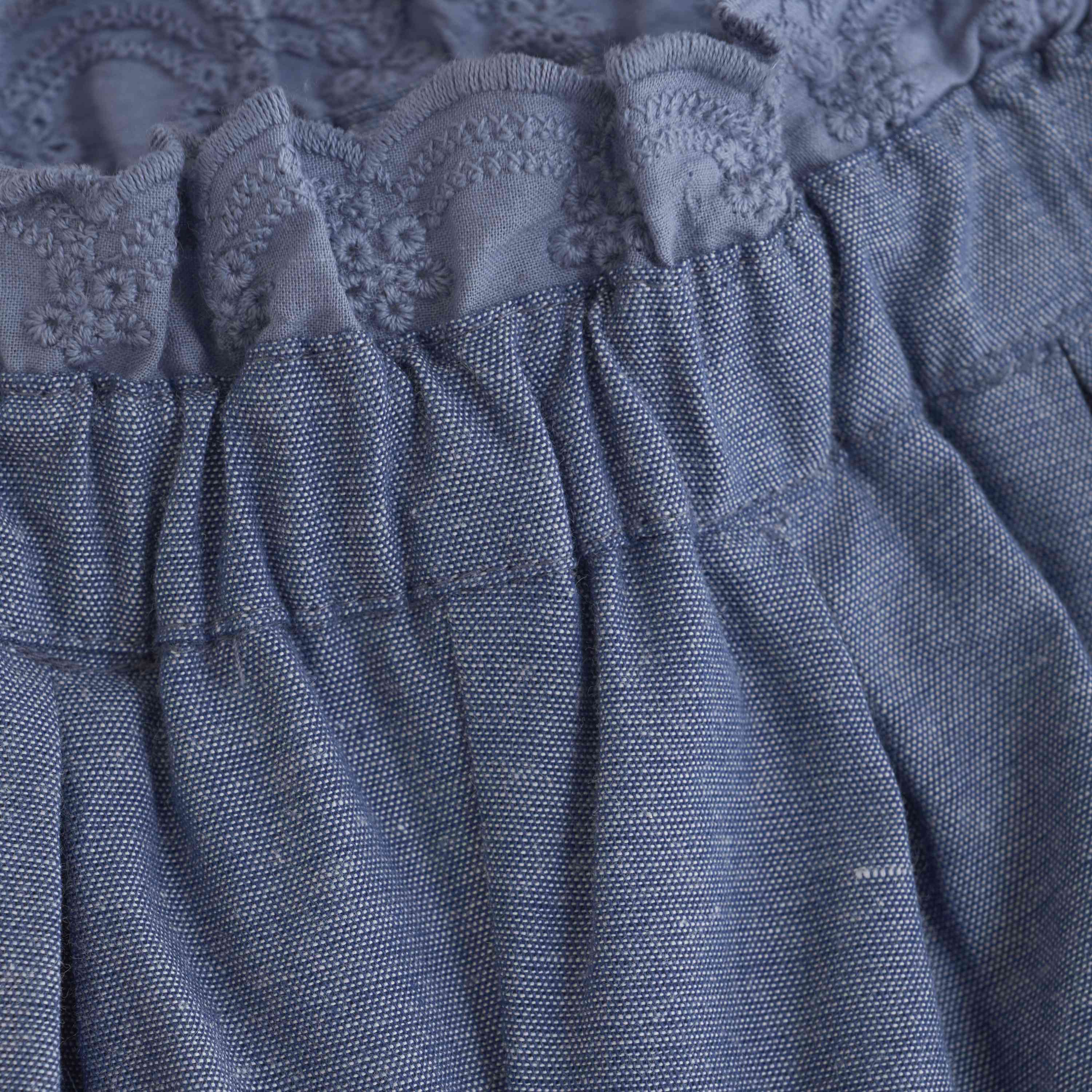Chambray Baby Shorts – Blau mit Stickerei & Rüschenbund
