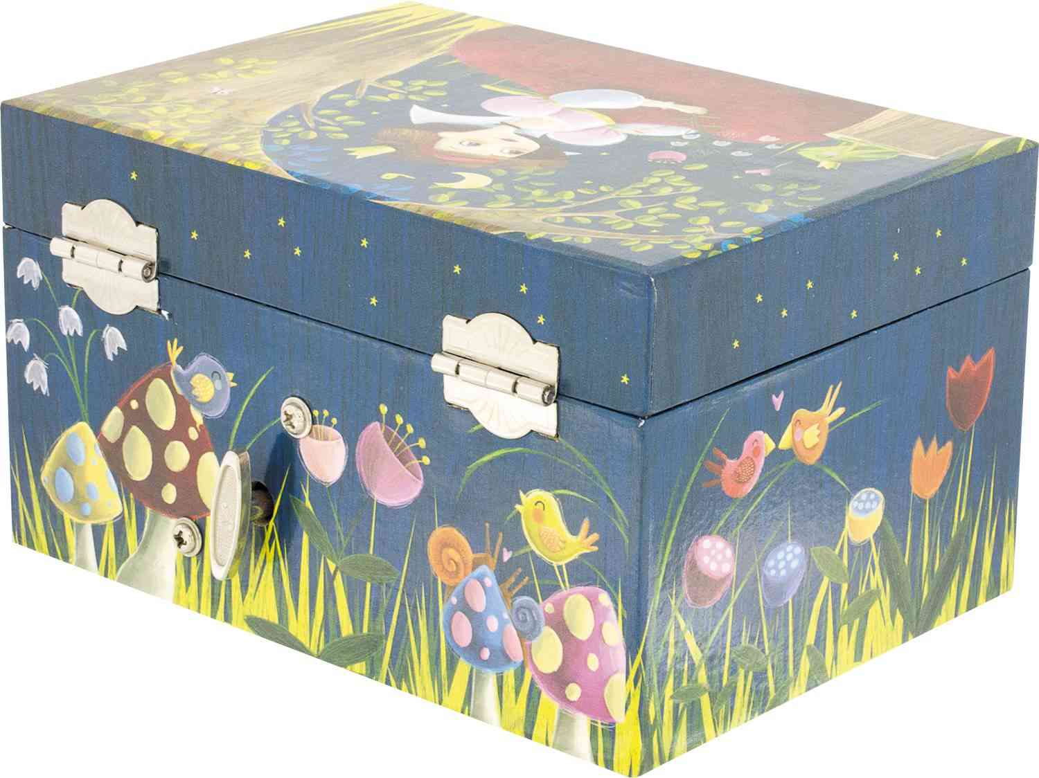 Eine skurrile, bemalte Holzkiste mit einem von der Natur inspirierten Design. Die bezaubernde Kiste zeigt bunte Pilze, Blumen, Vögel und ein Eichhörnchen in einer grasbewachsenen Umgebung. Der Deckel zeigt ein Kaninchen zwischen Bäumen und Sternen. Die Ulysse Couleurs d'Enfance - Musiktruhe Frosch von Ulysse Couleurs d'Enfance eignet sich perfekt als ökologisches Spielzeug und hat außerdem silberfarbene Verschlüsse und Scharniere.