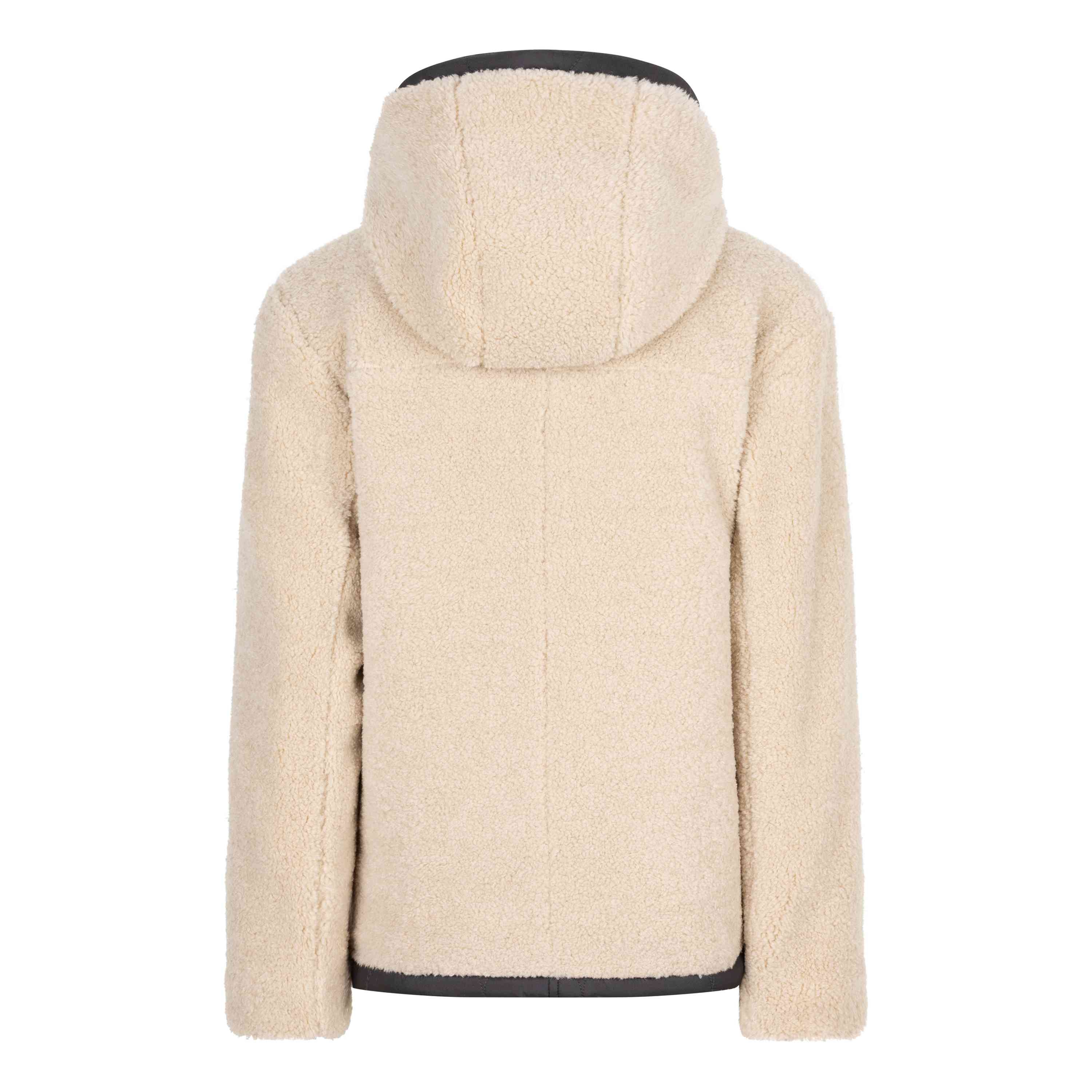 Die folgende Beschreibung bietet Einblicke in eine reversible Fleecejacke von Indian Blue Jeans, die von hinten gezeigt wird. Die beige Jacke hat lange Ärmel und schwarze Akzente an Kapuze und Ärmelbündchen. Der weiche, flauschige Stoff macht sie ideal für kaltes Wetter.