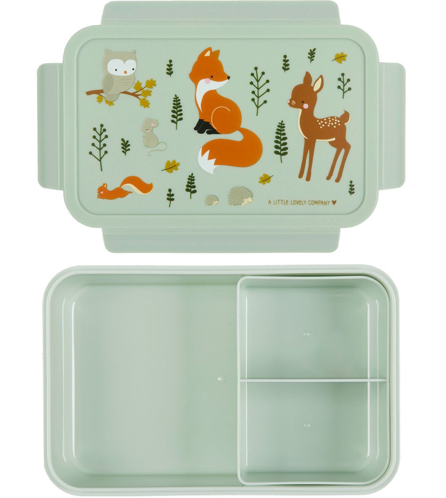Geöffnete grüne Kinder-Lunchbox mit Waldtier-Design, enthält Fuchs, Reh, Eule und Eichhörnchen. Zwei Fächer für getrennte Aufbewahrung.