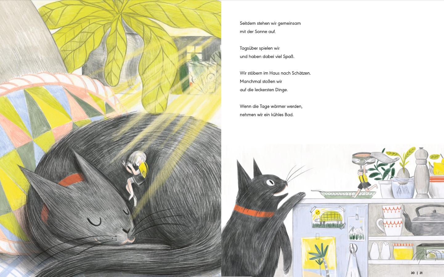 Illustration eines Kinderbuchs von nila kids, das ein gemütliches Wohnzimmer zeigt. Auf der linken Seite schläft eine schwarze Katze friedlich auf einem bunten Kissen, auf ihrem Rücken sitzt ein kleiner Vogel. Auf der rechten Seite schauen die Katze und der Vogel in einen Küchenschrank voller Geschirr und Pflanzen. Auf der rechten Seite ist deutscher Text vorhanden.
Produktname: Bilderbuchbande