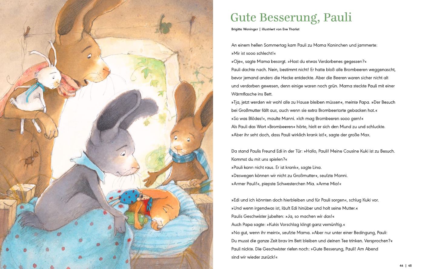 Eine illustrierte Kinderbuchseite aus der Bilderbuchbande von nila kids zeigt anthropomorphe Kaninchen in einem gemütlichen Zimmer. Ein Kaninchen, vermutlich Pauli, ruht mit einem Thermometer im Bett, während ein anderes Kaninchen, wahrscheinlich ein Pfleger, in der Nähe steht. Das Zimmer ist gemütlich mit Spielzeug und Möbeln dekoriert. Der Text ist auf Deutsch.