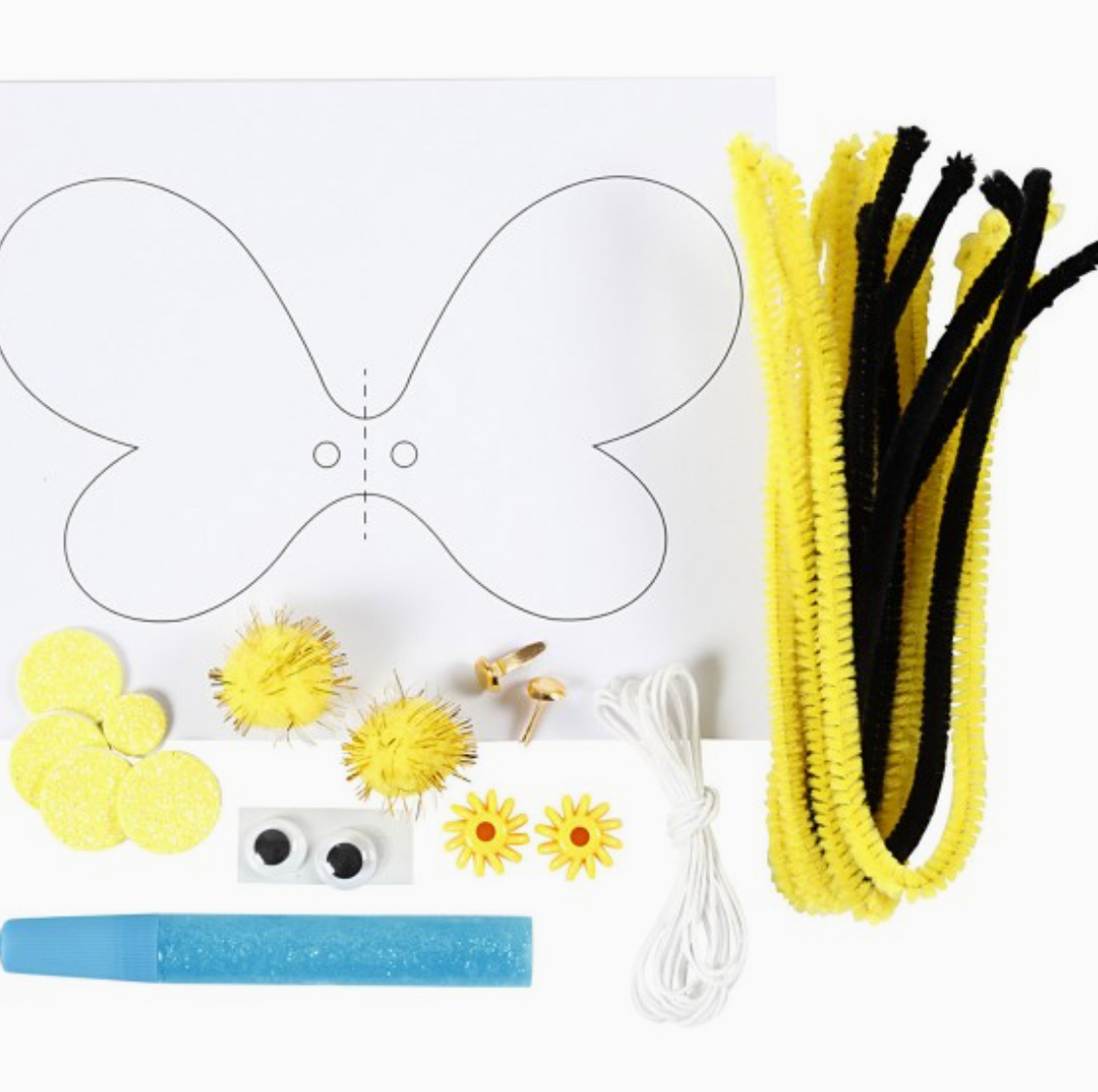 Bastelmaterial zum Basteln eines Schmetterlings, einschließlich einer Schmetterlingsumrandung aus Papier, gelben und schwarzen Pfeifenreinigern, Pompons, Wackelaugen, Kleber, Glitzerkleber, Schaumstoffkreisen, kleinen Blumen und Schnur. Perfekt zum leichten Basteln mit Kindern! Wir präsentieren das Creativ Company - Spezielles Recycling-Set für Kinder - Bee von Creative Company.