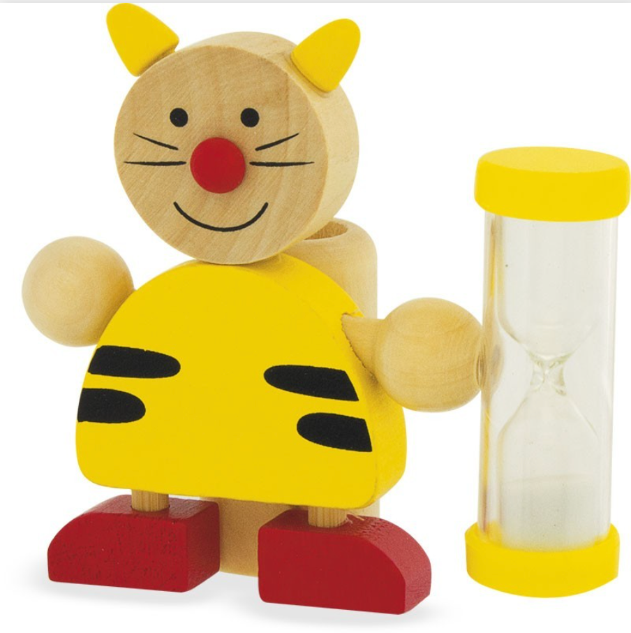 Ein Ulysse Couleurs d'Enfance - Zahnbürstenhalter Tiere von Ulysse Couleurs d'Enfance mit einer katzenartigen Figur ist gelb bemalt mit schwarzen Streifen, roten Füßen und einer roten Nase. Das Spielzeug hat ein lächelndes Gesicht mit Schnurrhaaren und hält eine Sanduhr mit gelben Enden.