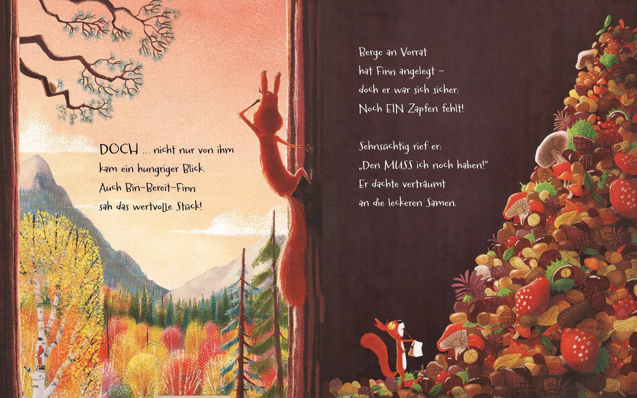 Eine Illustration von Eichhörnchen Lenni, das links an einem Baumstamm hängt und rechts in Die Streithörnchen – Ein herbstliches Vorleseabenteuer von nila kids ein anderes Eichhörnchen beobachtet, das einen großen Haufen Nüsse, Früchte und Tannenzapfen sammelt. Im Hintergrund ist ein lebendiger Herbstwald mit Bergen und einem bunten Himmel zu sehen. Auf der Seite wird deutscher Text angezeigt.