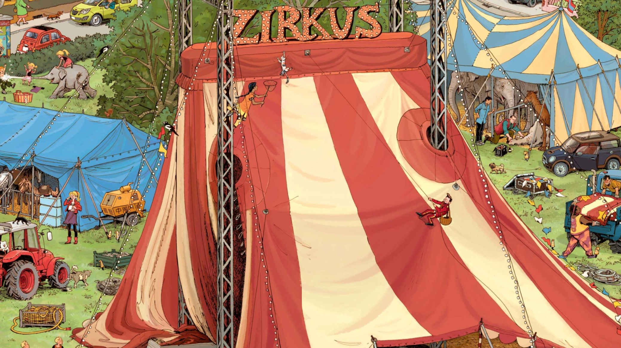 Eine Illustration einer geschäftigen Szene aus „Im Zirkus – Wimmelbildergeschichte“ von Nila Kids. Der Mittelpunkt ist ein großes rot-weiß gestreiftes Zelt mit kletternden Akrobaten. Um das Zelt herum befinden sich verschiedene Zirkuselemente, darunter ein blaues Zelt, Elefanten, Darsteller und Zirkusfahrzeuge. Das Schild „Zirkus“ befindet sich oben auf dem Zelt und sorgt für eine lebendige Wimmelbuch-Atmosphäre.