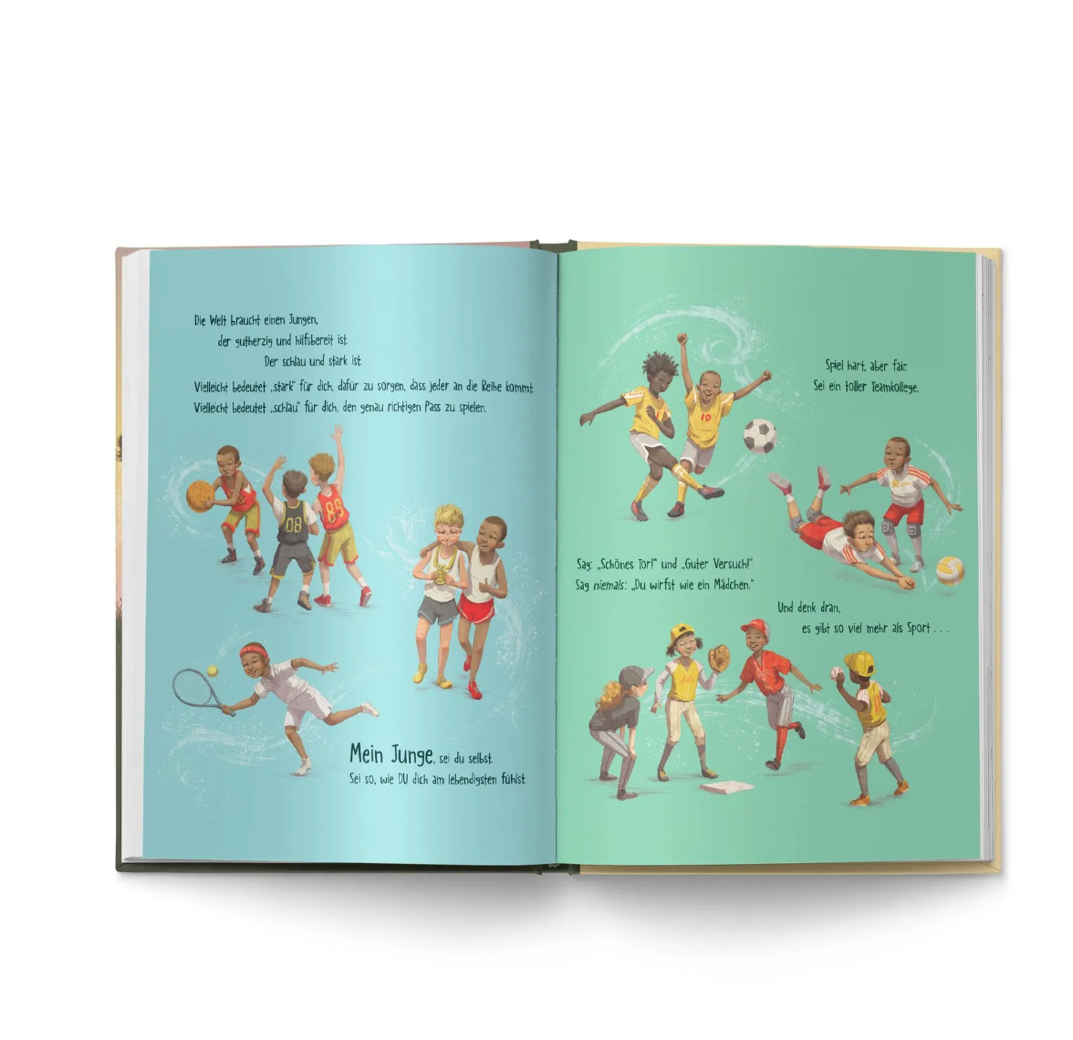 Ein offenes Buch mit zwei illustrierten Seiten, auf denen Jungs verschiedene Sportarten ausüben. Auf der linken Seite sind Kinder beim Tennis- und Basketballspielen zu sehen. Auf der rechten Seite sind Kinder beim Fußball- und Volleyballspielen abgebildet, um ihr Selbstbewusstsein zu stärken. Der Text ist auf Deutsch verfasst.
Produkt: **Ein Junge wie du von nila kids**