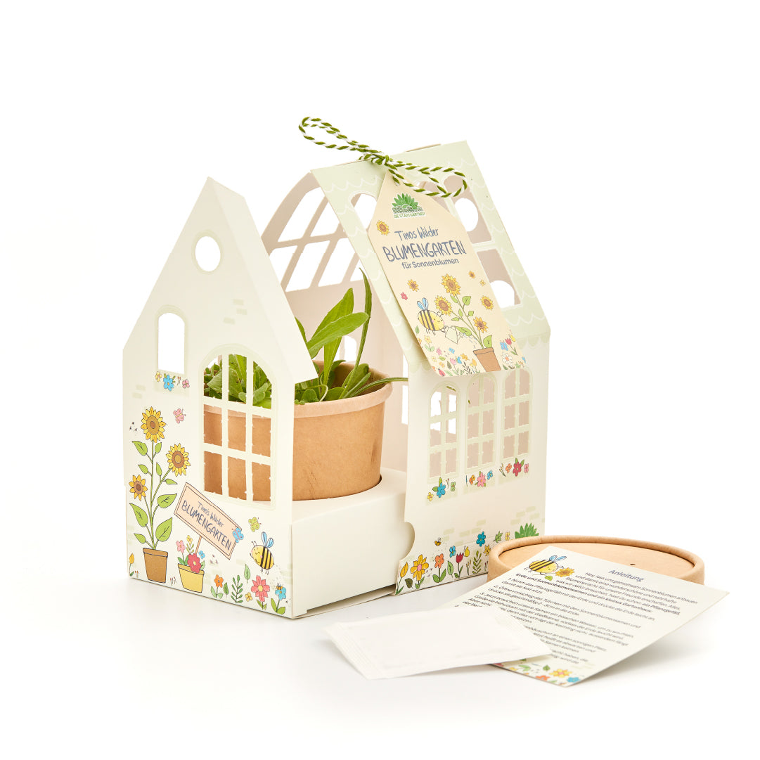 Ein kleines, hausförmiges Pflanzset mit farbenfrohen Blumenillustrationen enthält einen Topf mit grünen Setzlingen. Neben dem Pflanzgefäß finden Sie eine Gebrauchsanweisung, eine Holzscheibe und ein kleines Samenpaket. Dieses charmante Set eignet sich perfekt für die Blumenzucht im Innenbereich und ist eine ideale Ergänzung Ihrer Die Stadtgärnter - Gewächshäuschen Timos Blumen-Garten Sonnenblumen-Kollektion von Die Stadtgärnter.