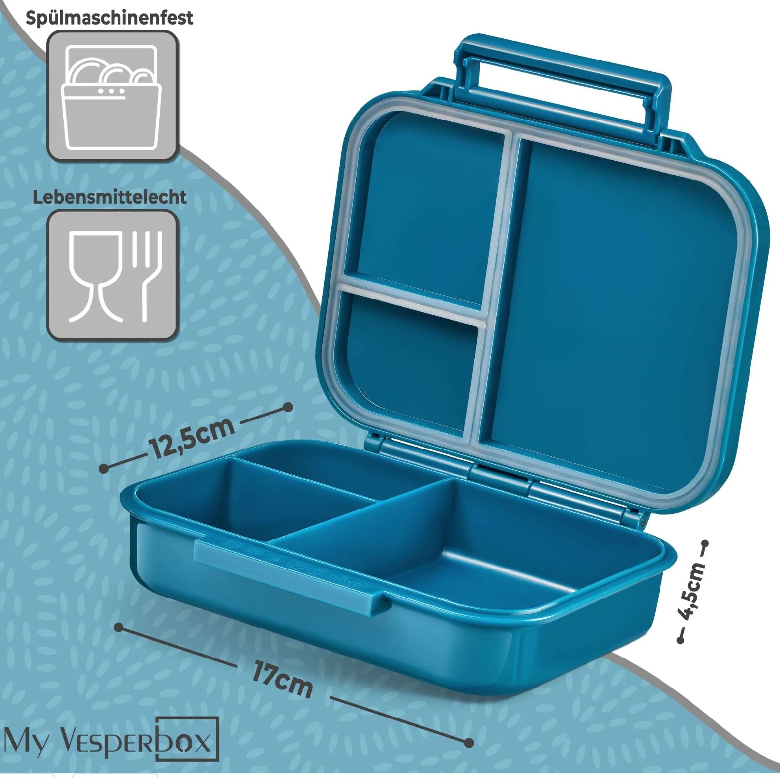 Eine offene blaue Lunchbox im Bento-Stil, ideal als My Vesperbox – Mini Bia petrol T-Rex, hat drei Fächer im Inneren und ist 17 cm lang, 12,5 cm breit und 4,5 cm tief. Symbole zeigen an, dass sie spülmaschinenfest und lebensmittelecht ist. Der Text „My Vesperbox“ steht in der unteren linken Ecke.