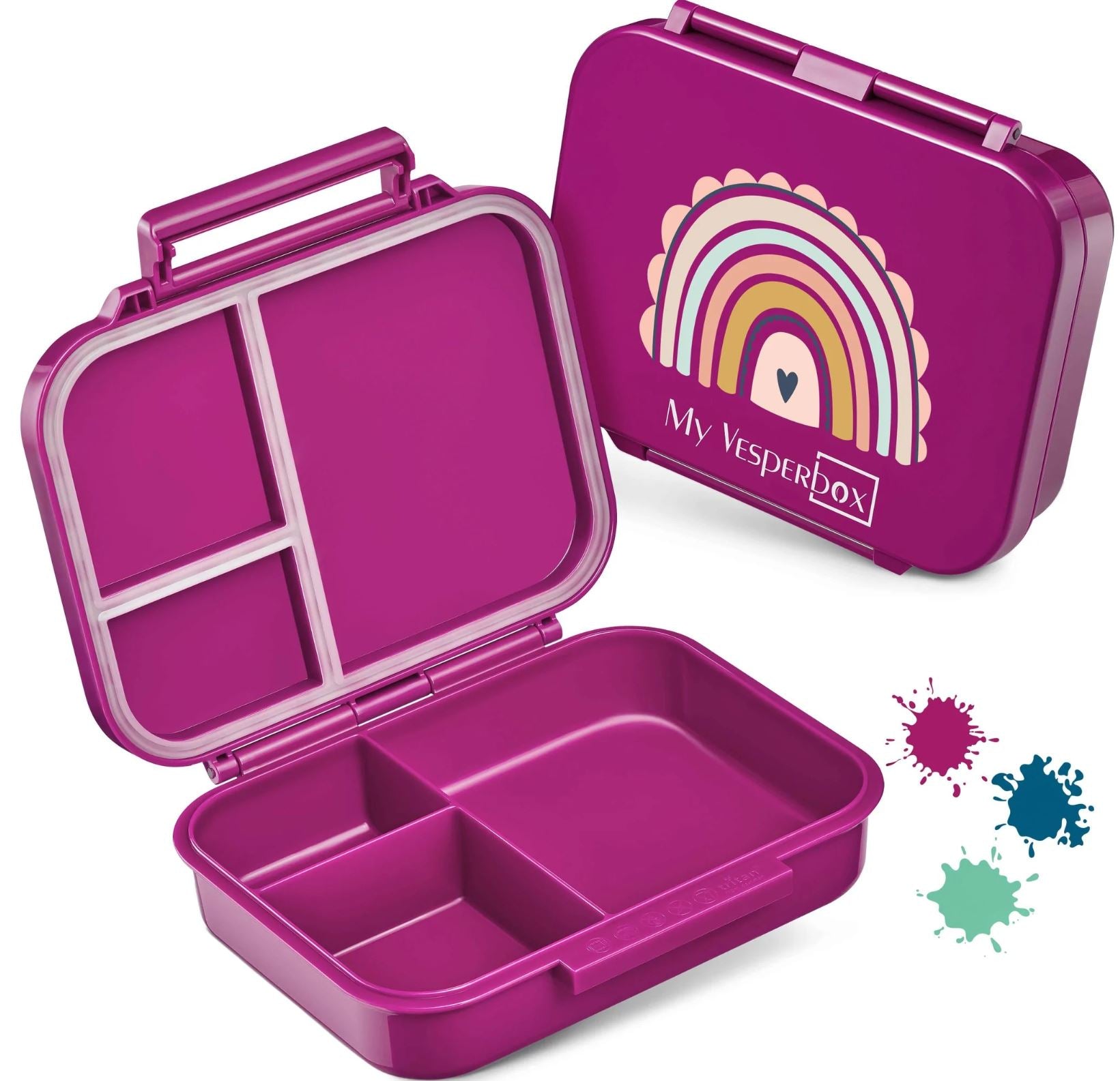 Eine My Vesperbox – Mini Bia petrol T-Rex mit drei Fächern ist offen und leer abgebildet. Der Deckel daneben zeigt die Illustration eines bunten Regenbogens mit einem Herz in der Mitte und dem Text „My VesperBox“. Daneben sorgen drei Tintenspritzer in Pink, Blaugrün und Grün für Lebendigkeit und erinnern an ein verspieltes Kindergarten-Brotdose-Edelstahl-Design.