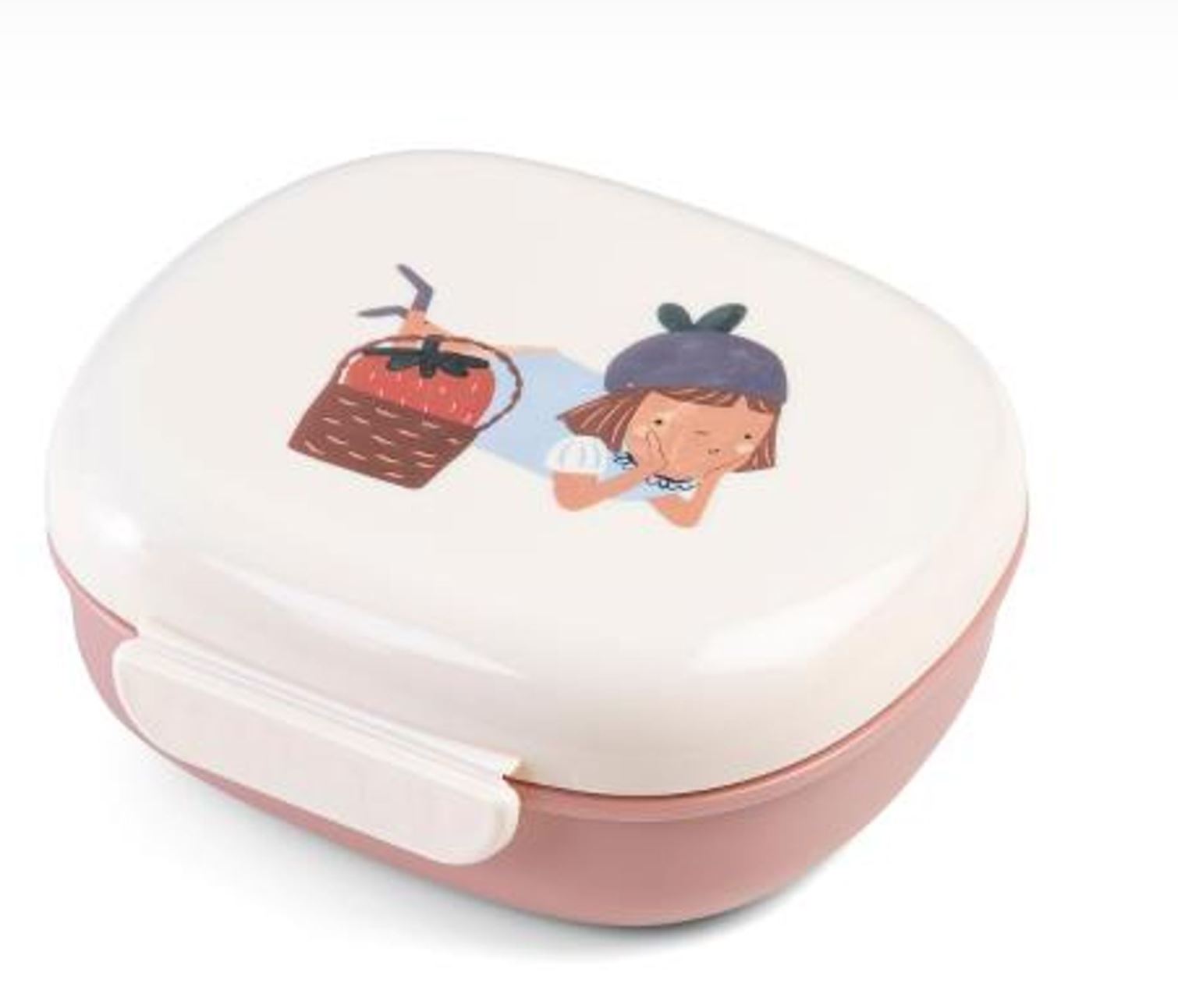 Lunchbox in rosa und weiss für Kinder mit einem Mädchen und einem Korb mit einem Erdbeer