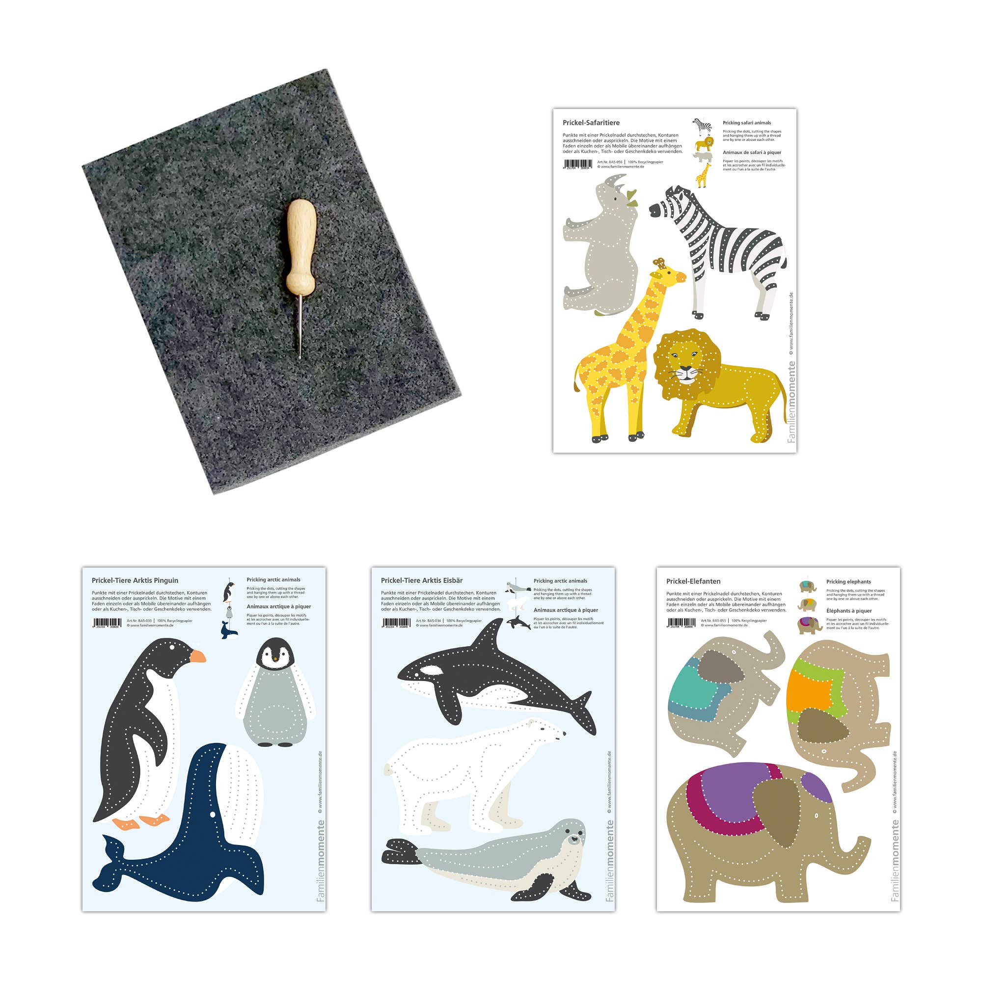 Das Familienmomente - Bastelset zum Prickeln – Tiere von Familienmomente ist ein Filzbastelset mit drei Bögen farbenfroher Tierausschnitte, darunter Landtiere wie Löwe, Giraffe, Zebra, Elefant und Nilpferd sowie Meerestiere wie Pinguin, Orca und Wal. Das Set enthält ein Ahlewerkzeug zum Prickeln auf einer grauen Filzmatte – perfekt für Ihre Dekoideen.