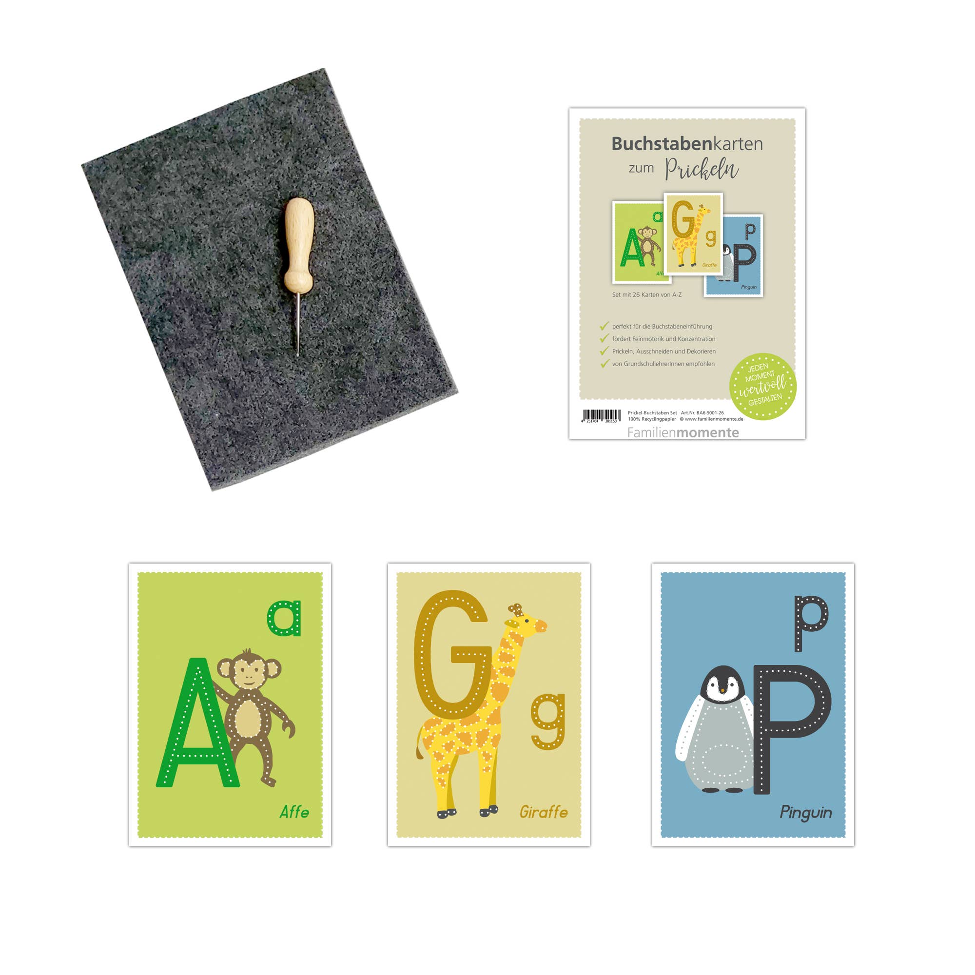 Das Familienmomente - Bastelset Prickel-Buchstaben von Familienmomente ist ein lebendiges Set aus Alphabetkarten und Bastelwerkzeugen, das auf die Buchstabeneinführung in der Grundschule zugeschnitten ist. Es enthält die Buchstaben A, G, P sowie Bilder eines Affen, einer Giraffe und eines Pinguins auf Deutsch. Darüber hinaus enthält es eine graue Filzmatte und ein Ahlewerkzeug für spannende Prickel-Buchstaben-Aktivitäten.
