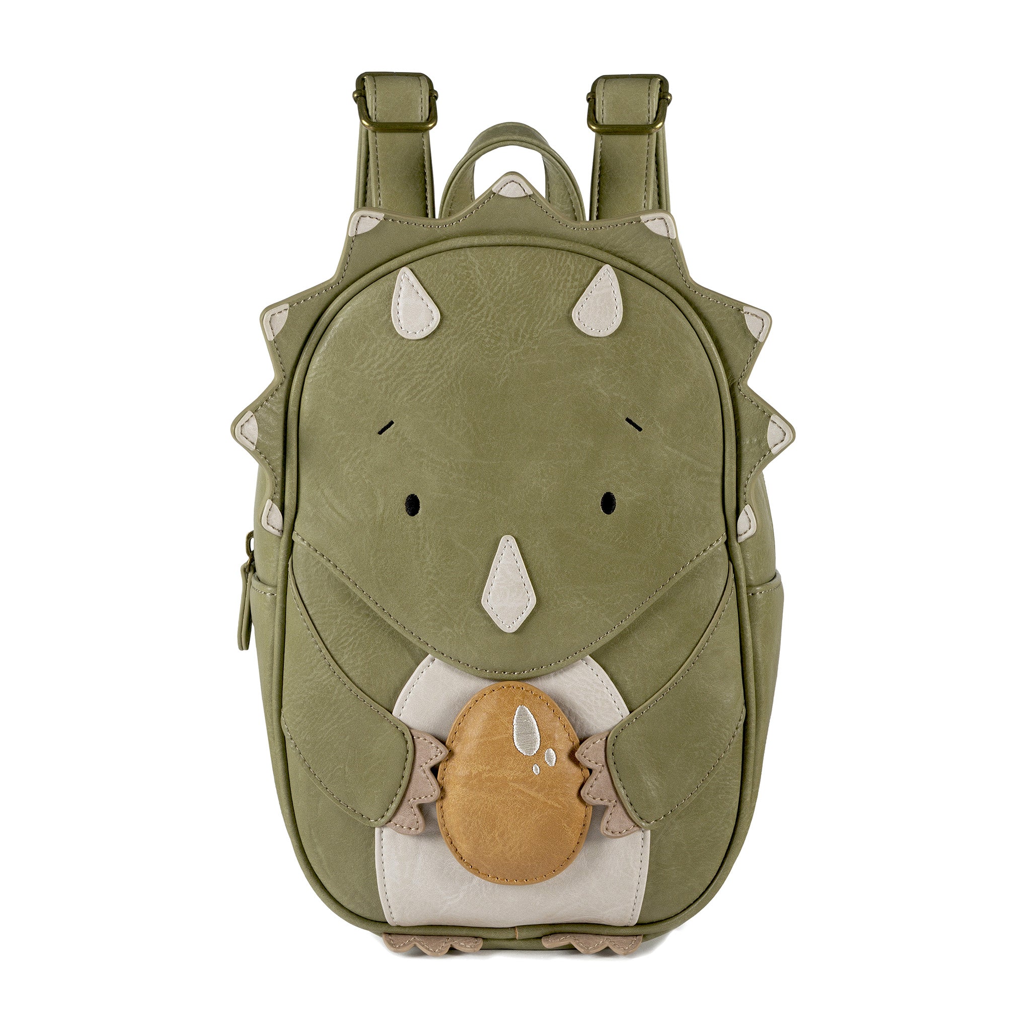 Ein Little Who-Kinderrucksack namens „Rucksack Dinosaurier Oskar“ ist olivgrün und hat die Form eines niedlichen Dinosauriers, der ein braunes Ei hält. Der Rucksack hat ein Comic-Gesicht, kleine Stacheln an der Oberseite und verstellbare braune Riemen. Er hat eine Reißverschlusstasche vorne, Seitenfächer und enthält spülmaschinenfeste Aufkleber für zusätzliche Individualisierung.