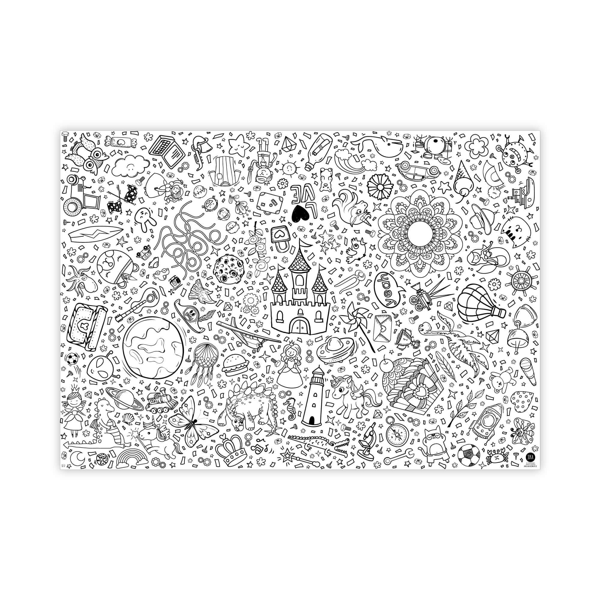 Eine detaillierte schwarzweiße Gekritzelillustration mit verschiedenen skurrilen Elementen, darunter ein Schloss, Planeten, Blumen, ein Leuchtturm, Raketen, geometrische Formen, Gläser und andere verschiedene Objekte, die über die Leinwand verstreut sind – perfekt für ein Malmichbunt – Ausmal-Tischdecke aus Papier, Fantasie & Entdecker und leichtes Basteln mit Kindern.