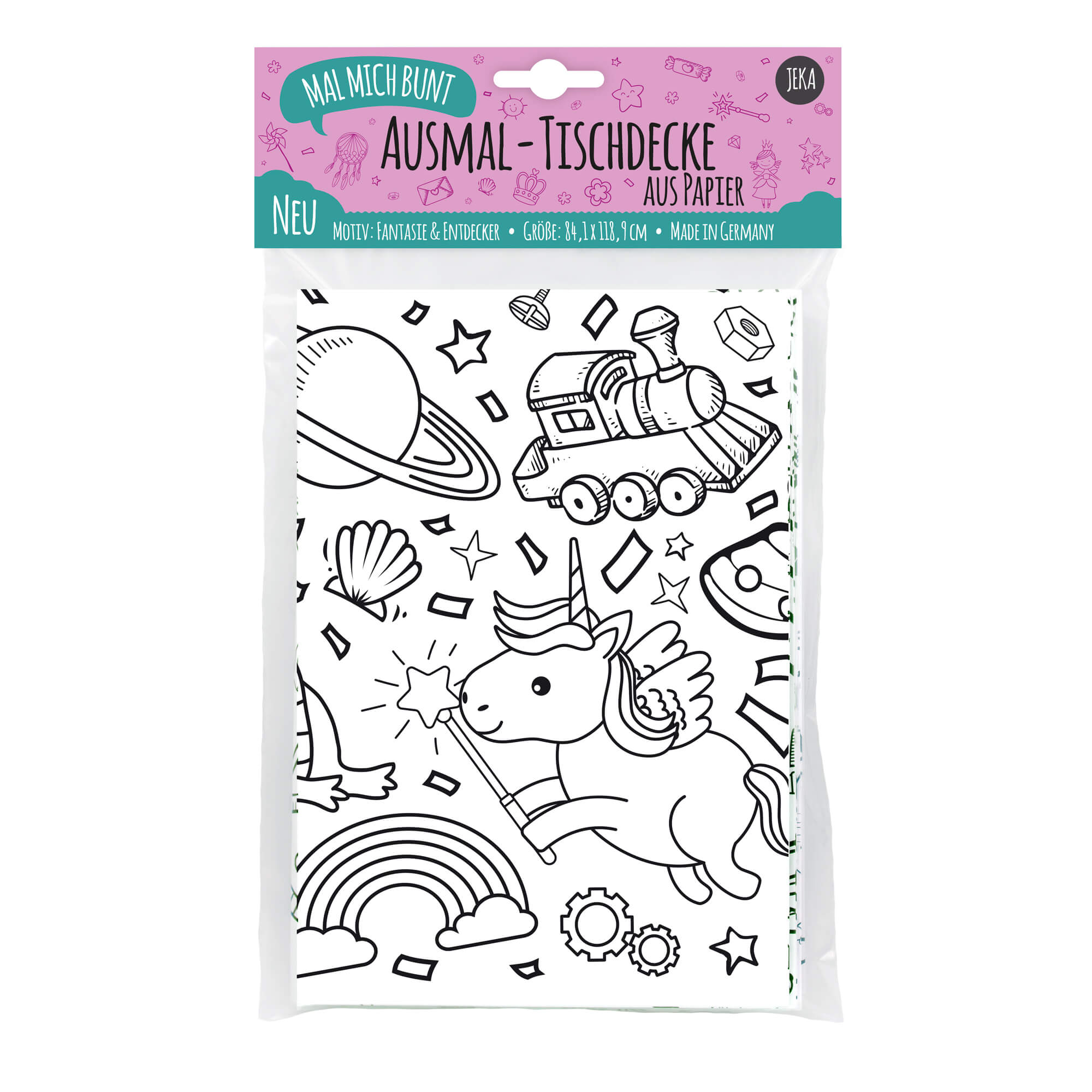 Die malmichbunt - Ausmal-Tischdecke aus Papier Fantasie & Entdecker von malmichbunt ist eine verpackte Ausmal-Tischdecke aus Papier mit Illustrationen zum Thema Weltraum und Fantasy. Das DIY-Set enthält ein Einhorn, ein Raumschiff, Planeten, einen Zug, einen Regenbogen und geometrische Formen. Der Verpackungskopf ist ein türkis-rosa Design mit deutschem Text. Geeignet als Bastelset 4 Jahre.
